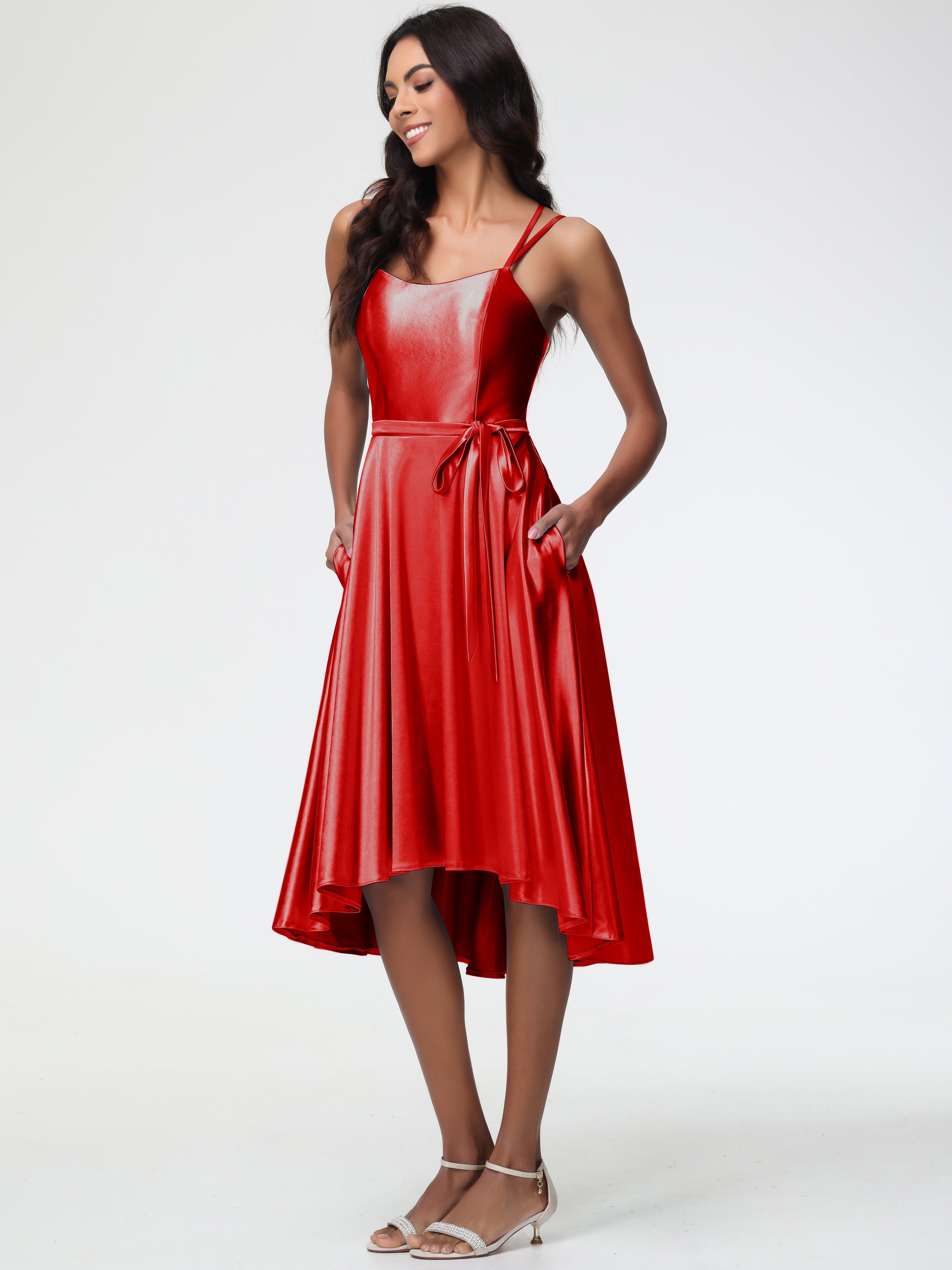 Rouge Robe Demoiselle D Honneur Chic Col Rond Satin Extensible Robe Demoiselle D Honneur Asymétrique Courte