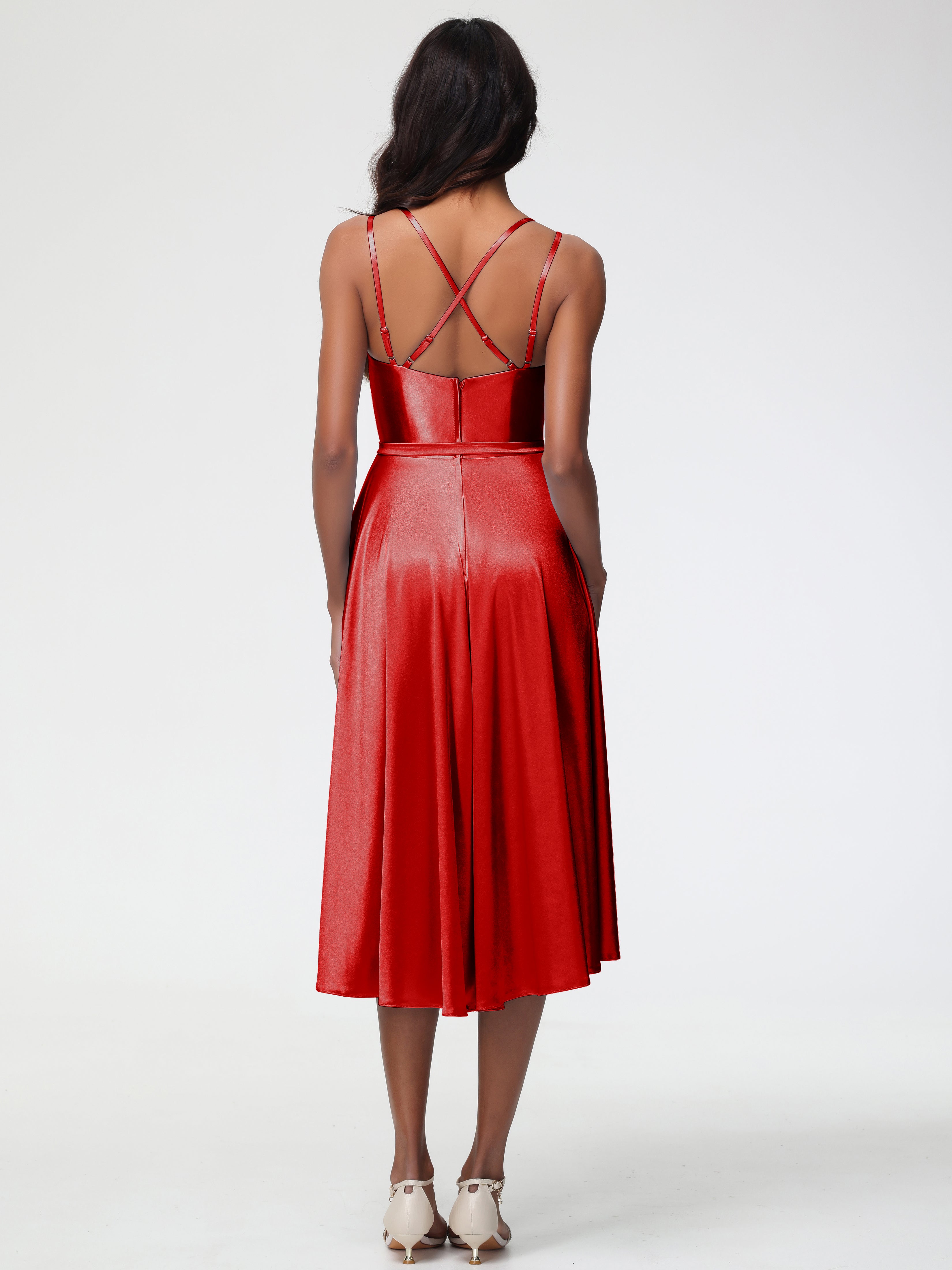 Rouge Robe Demoiselle D Honneur Chic Col Rond Satin Extensible Robe Demoiselle D Honneur Asymétrique Courte