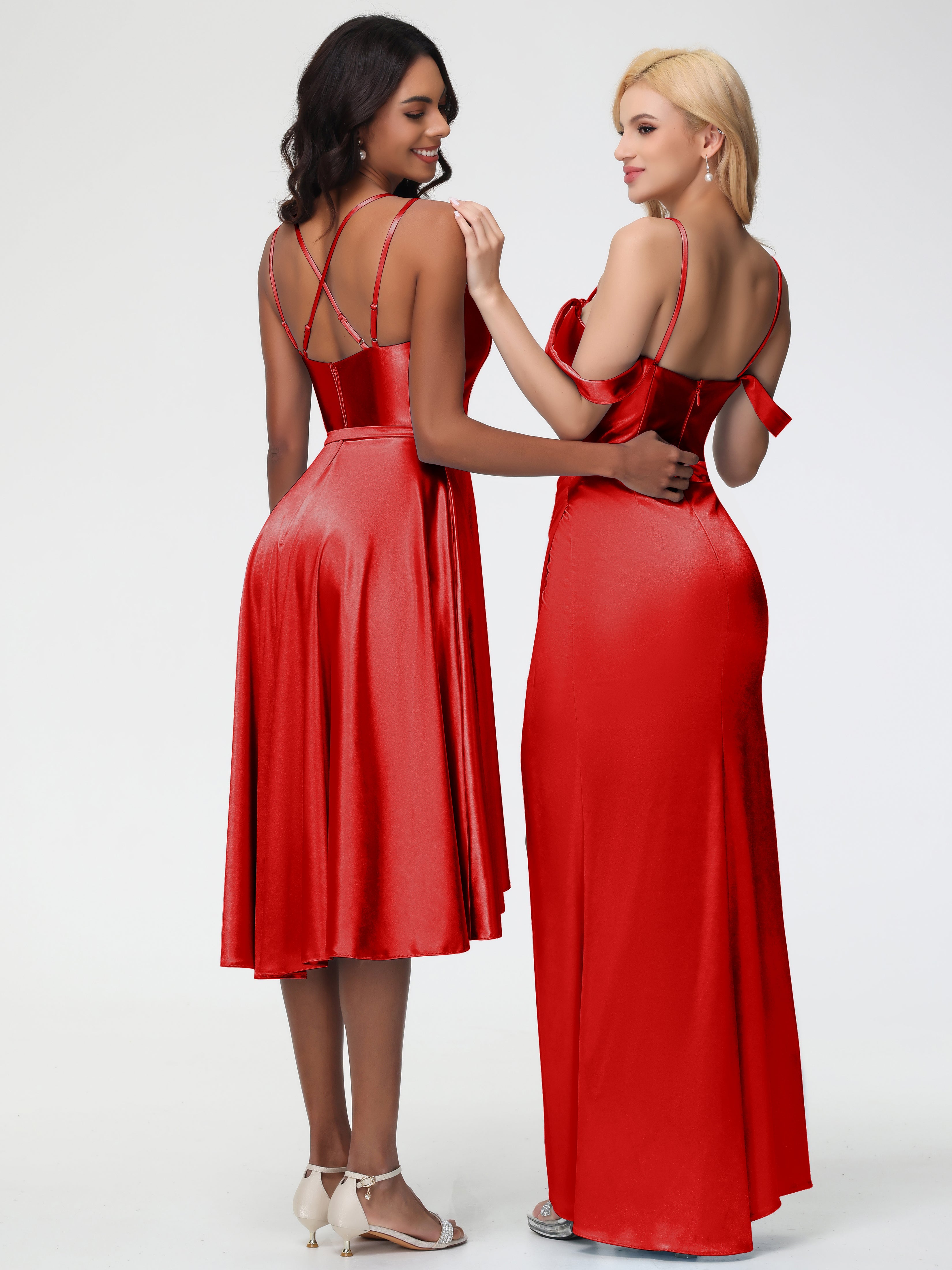 Rouge Robe Demoiselle D Honneur Chic Col Rond Satin Extensible Robe Demoiselle D Honneur Asymétrique Courte