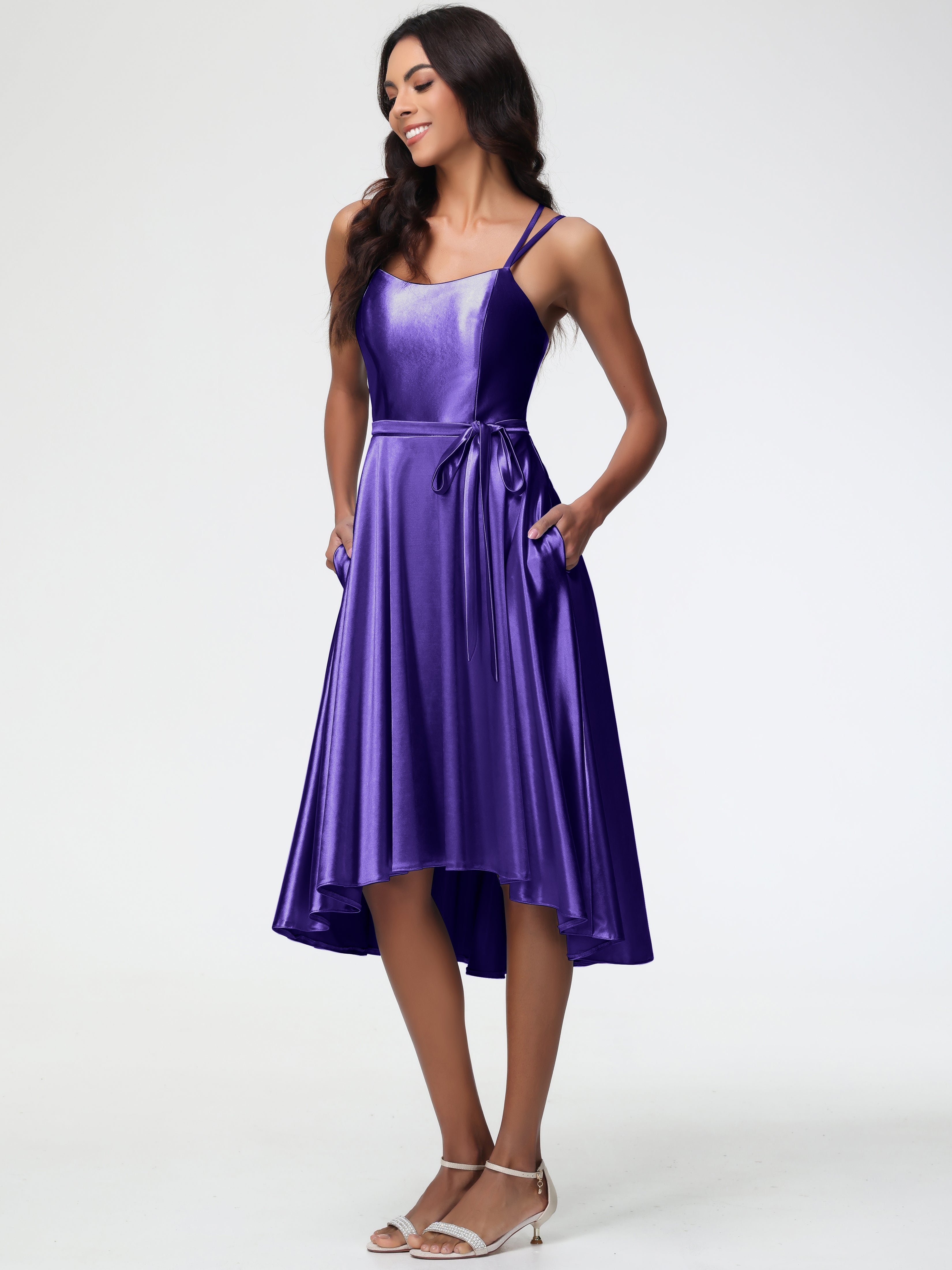 Robes De Demoiselle D'Honneur Régence Col Rond Satin Extensible Robe Demoiselle D Honneur Asymétrique Courte