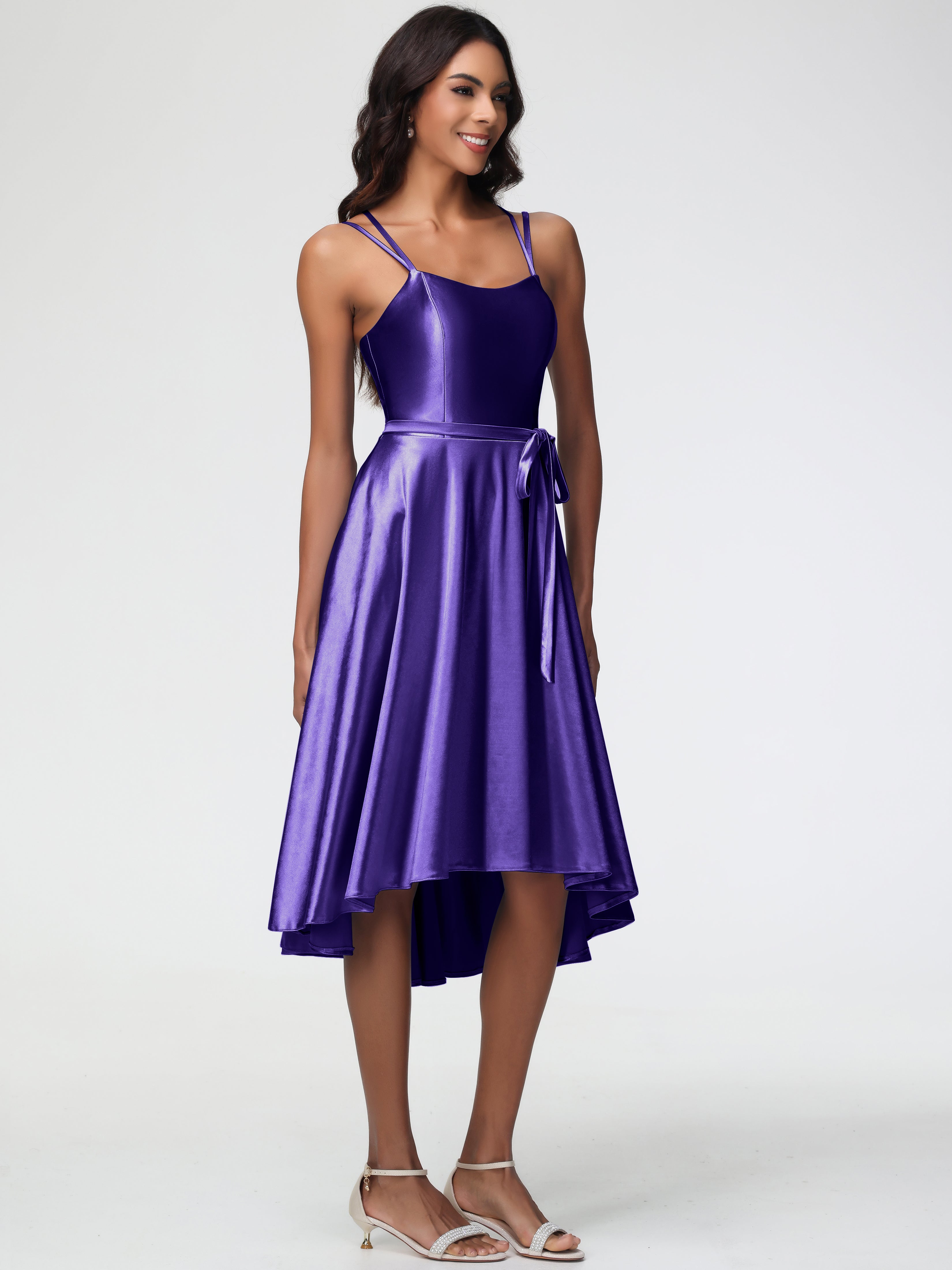 Robes De Demoiselle D'Honneur Régence Col Rond Satin Extensible Robe Demoiselle D Honneur Asymétrique Courte