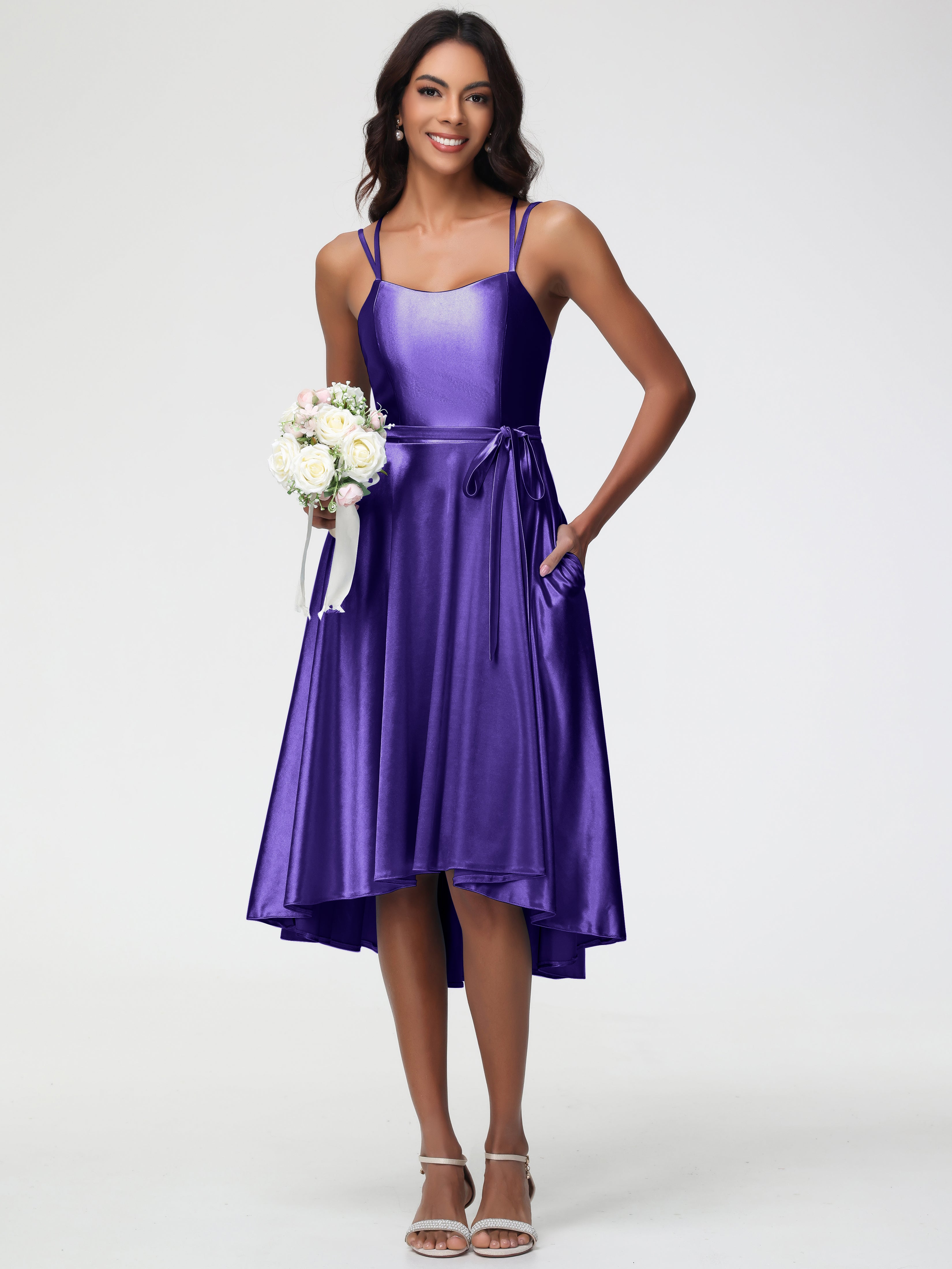 Robes De Demoiselle D'Honneur Régence Col Rond Satin Extensible Robe Demoiselle D Honneur Asymétrique Courte