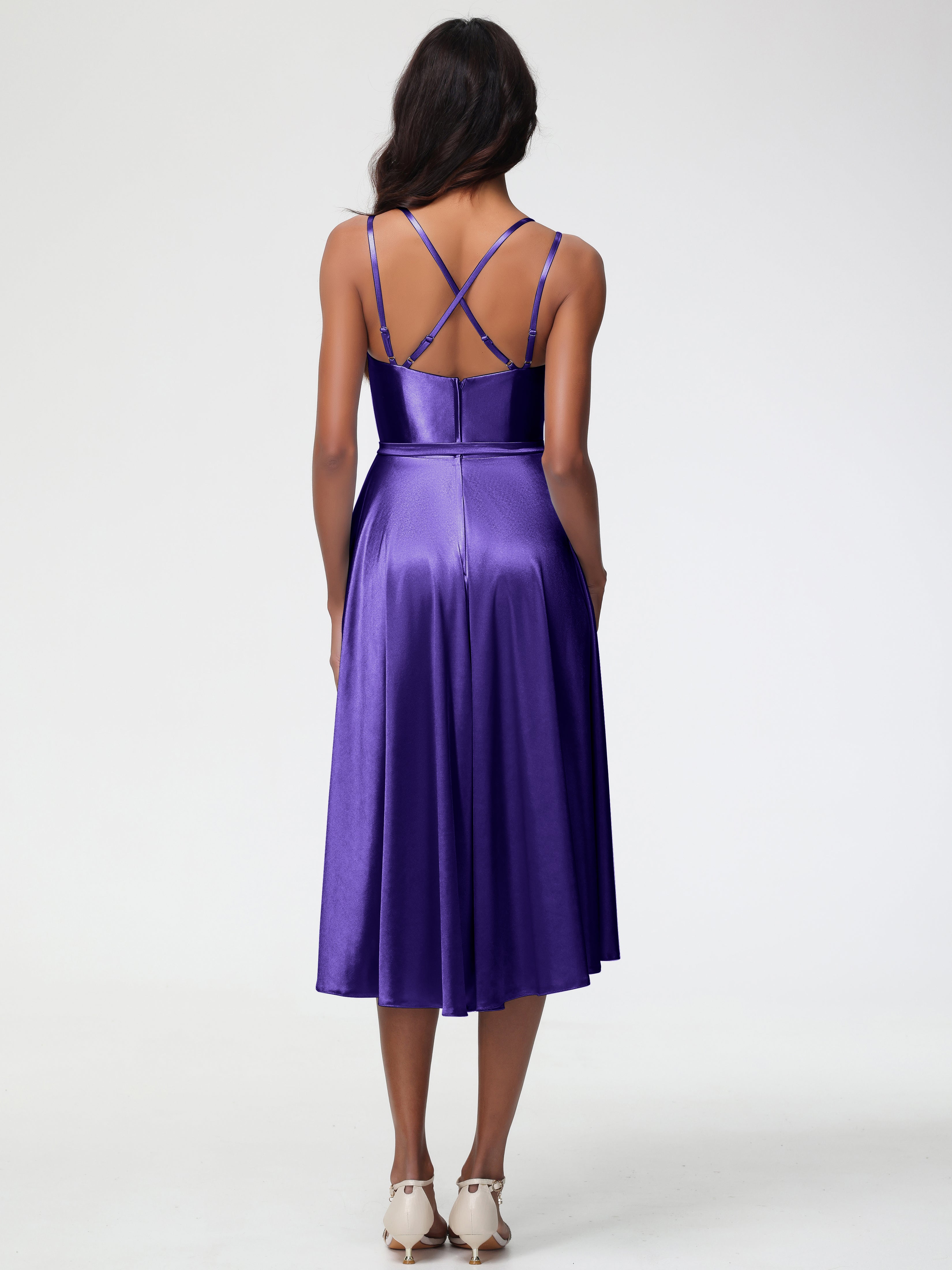 Robes De Demoiselle D'Honneur Régence Col Rond Satin Extensible Robe Demoiselle D Honneur Asymétrique Courte