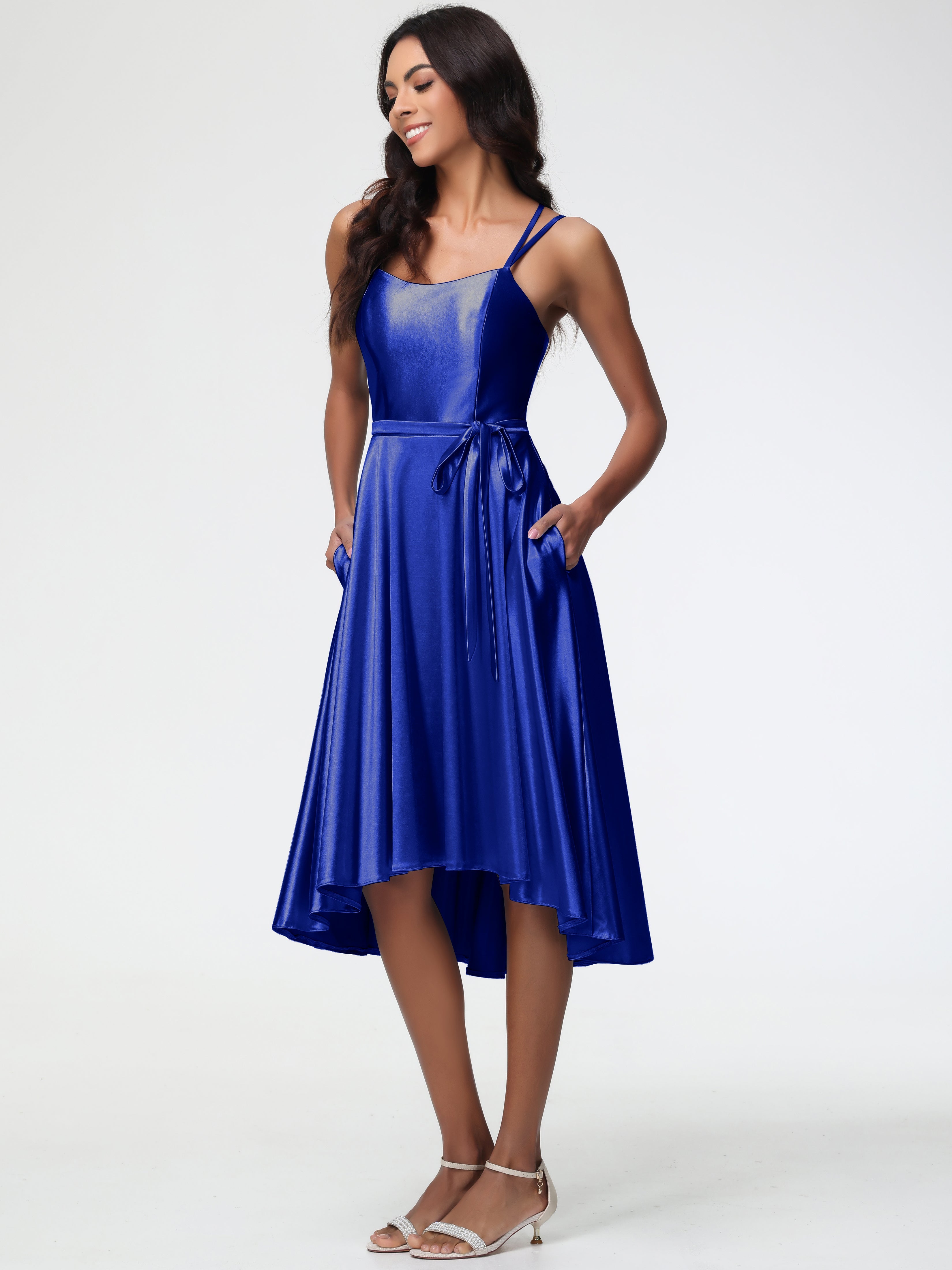 Bleu Royal Robe Demoiselle D Honneur Bleu Roi Col Rond Satin Extensible Robe Demoiselle D Honneur Asymétrique Courte