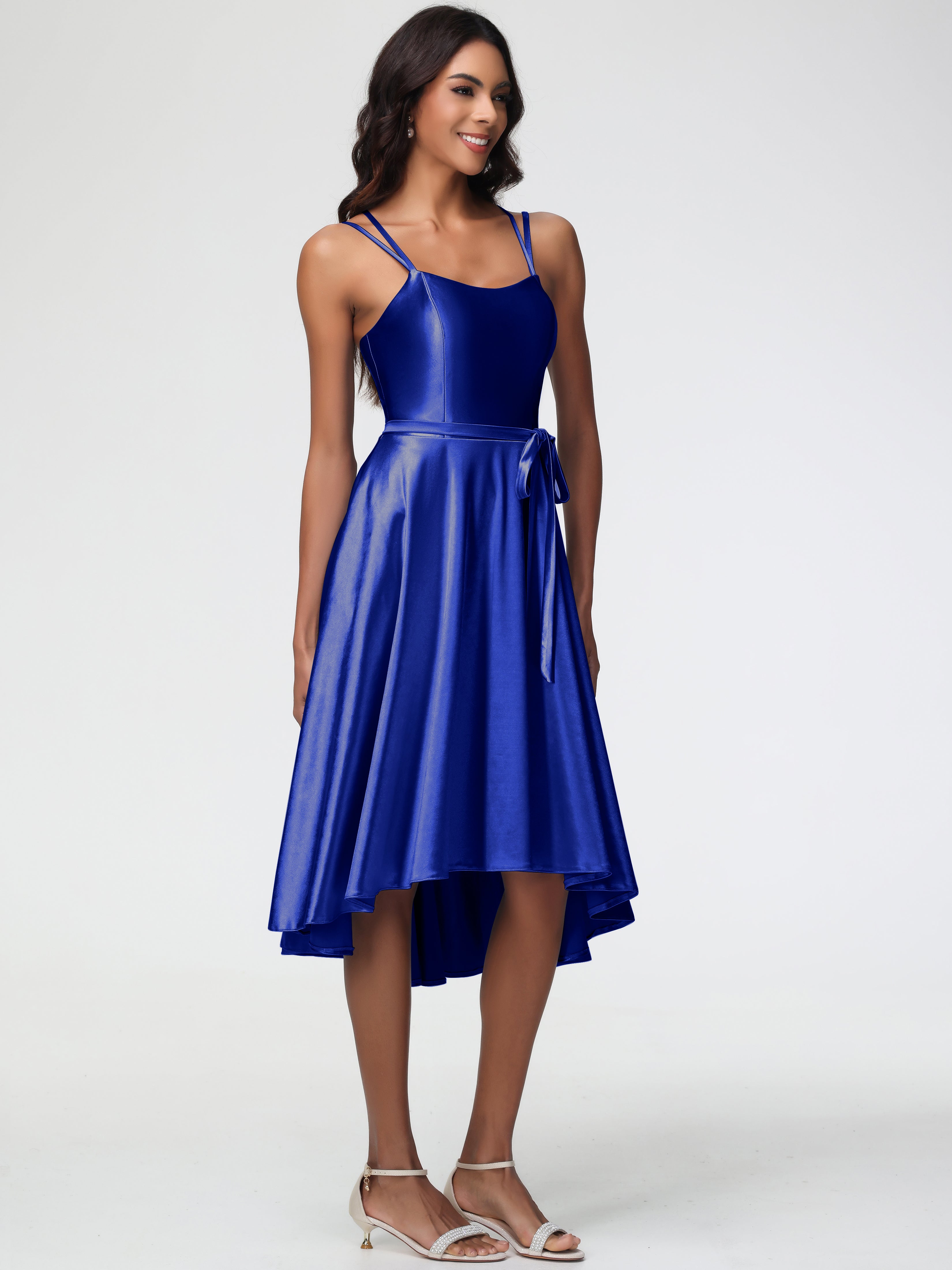Bleu Royal Robe Demoiselle D Honneur Bleu Roi Col Rond Satin Extensible Robe Demoiselle D Honneur Asymétrique Courte