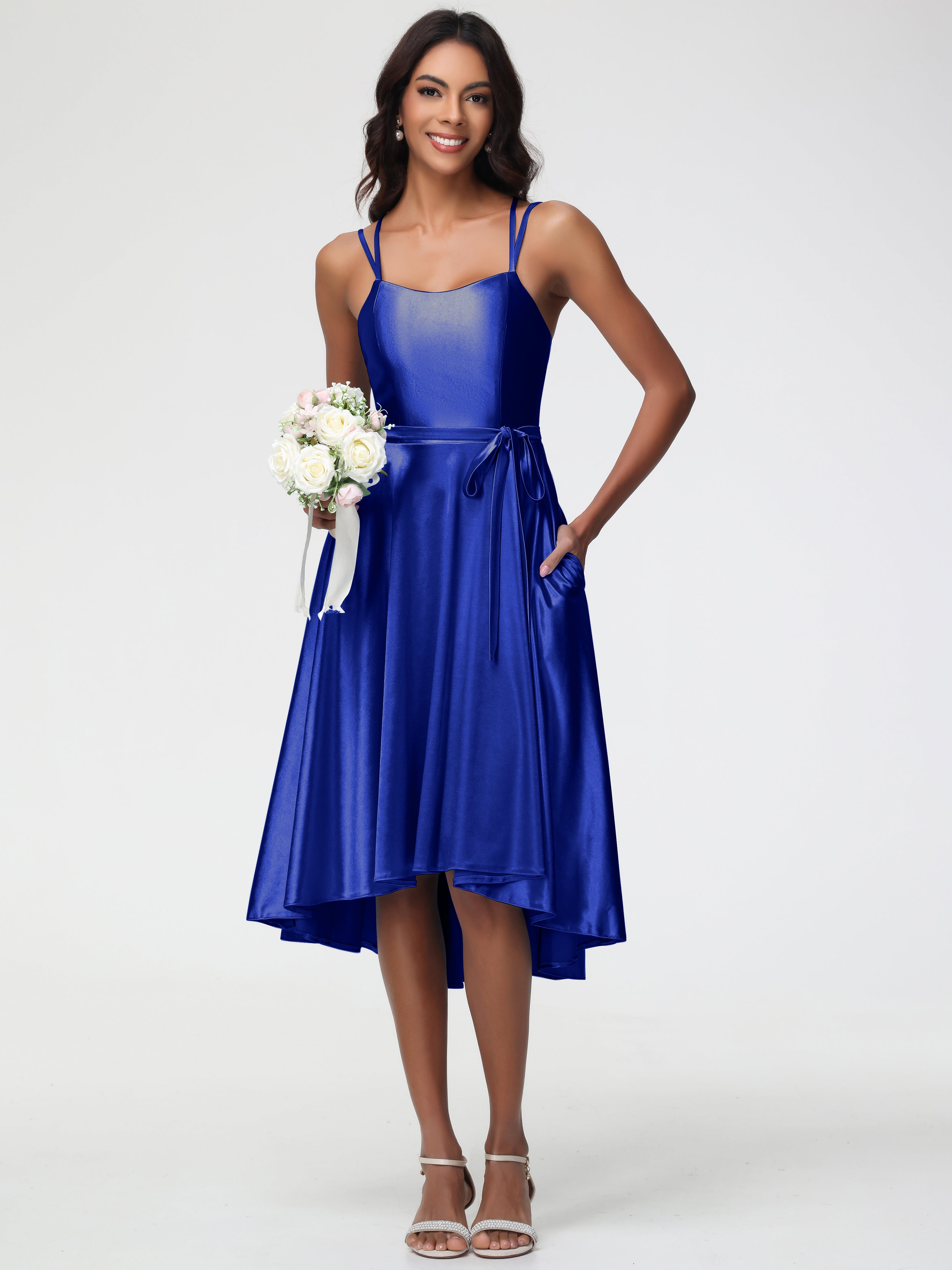 Bleu Royal Robe Demoiselle D Honneur Bleu Roi Col Rond Satin Extensible Robe Demoiselle D Honneur Asymétrique Courte
