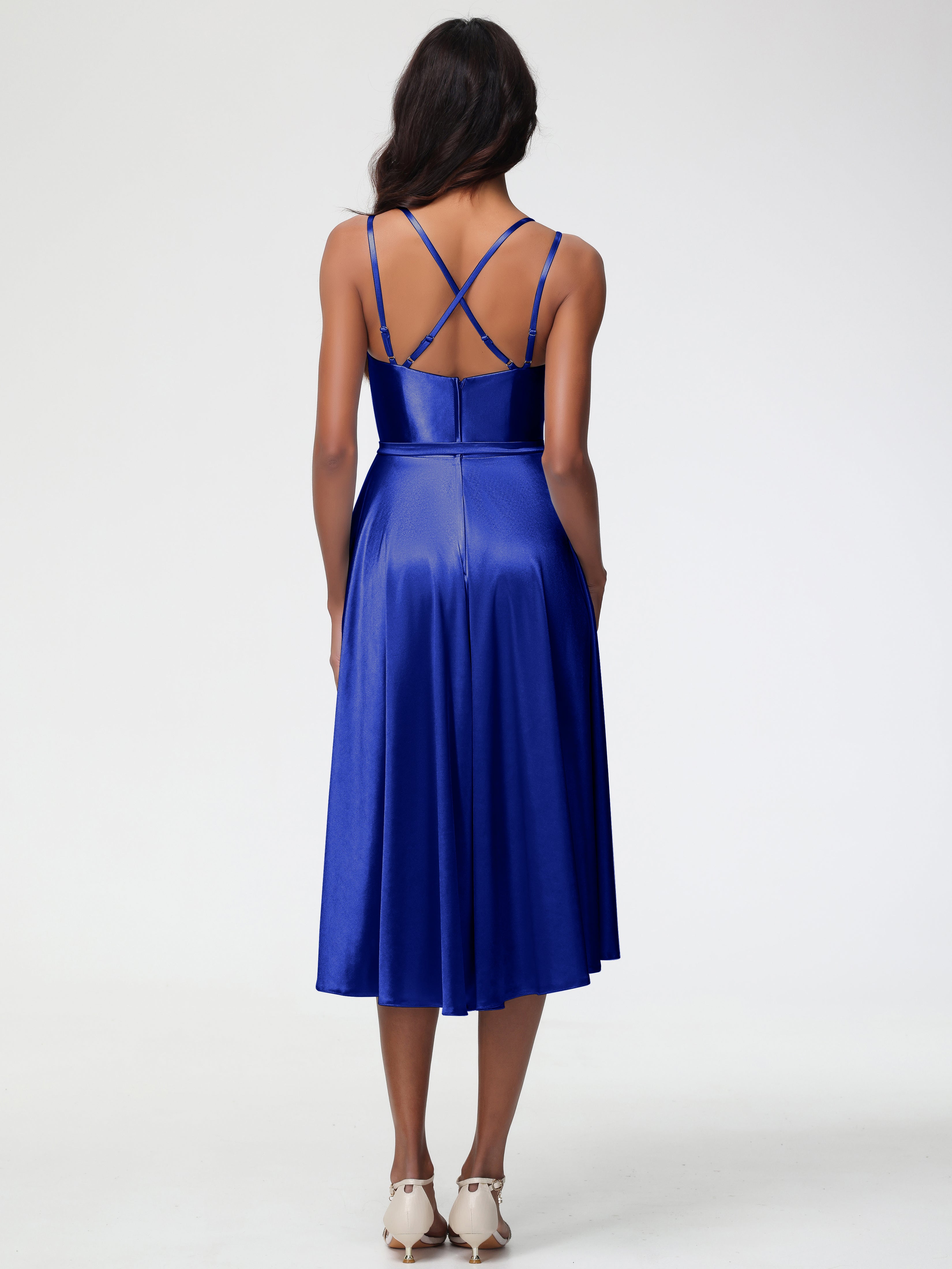 Bleu Royal Robe Demoiselle D Honneur Bleu Roi Col Rond Satin Extensible Robe Demoiselle D Honneur Asymétrique Courte