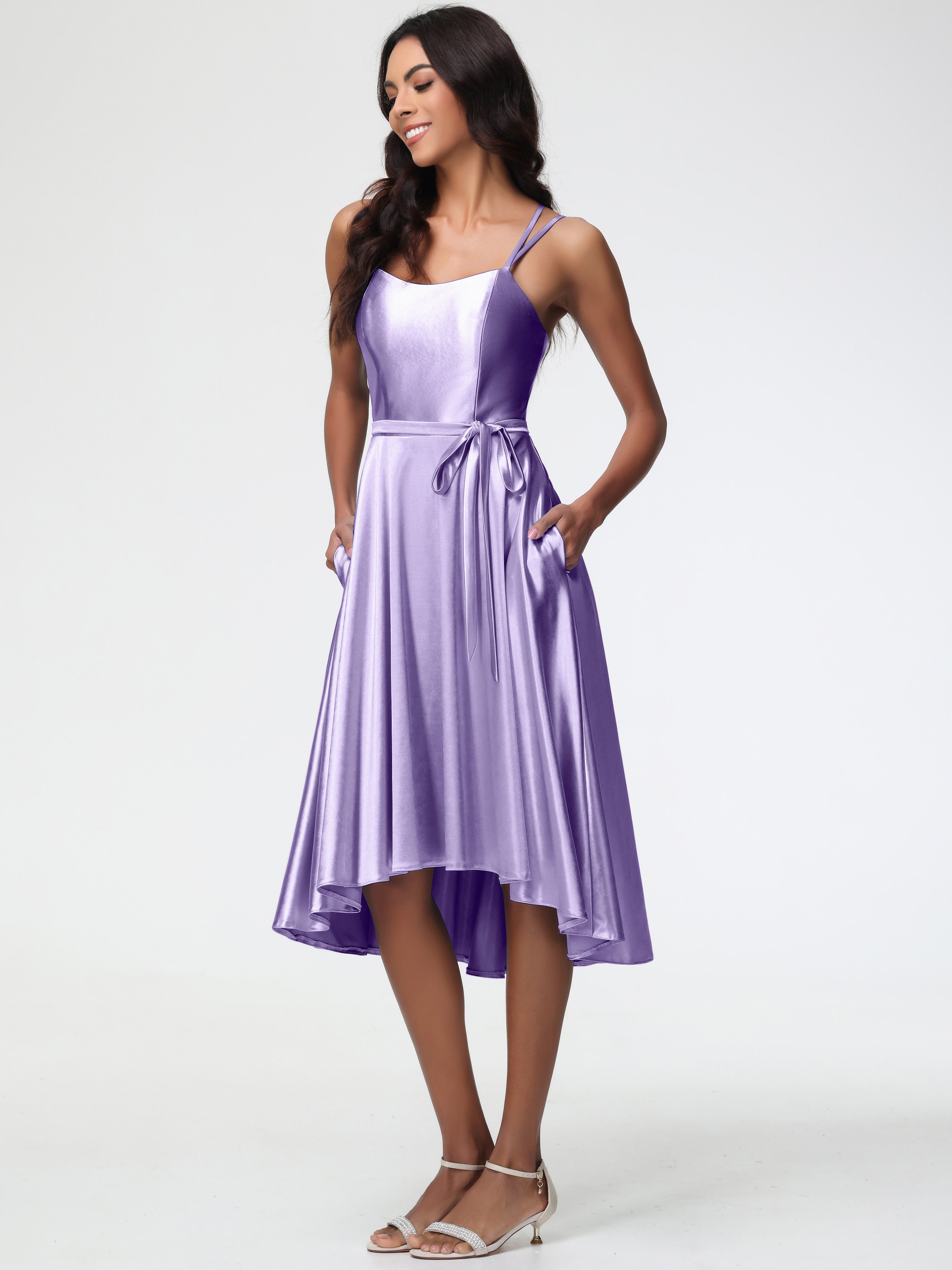 Robes De Demoiselle D'Honneur Tahiti Col Rond Satin Extensible Robe Demoiselle D Honneur Asymétrique Courte