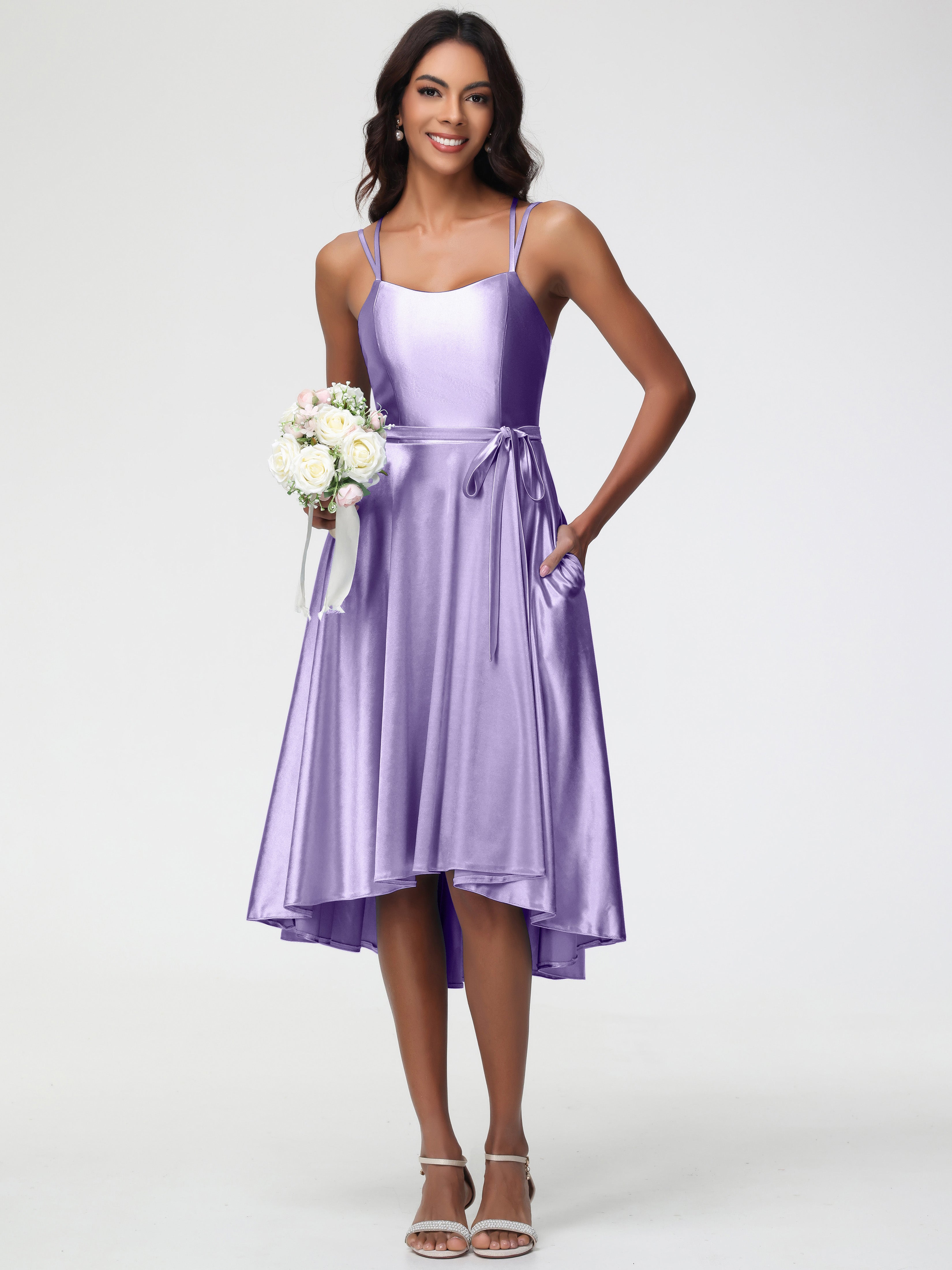 Robes De Demoiselle D'Honneur Tahiti Col Rond Satin Extensible Robe Demoiselle D Honneur Asymétrique Courte
