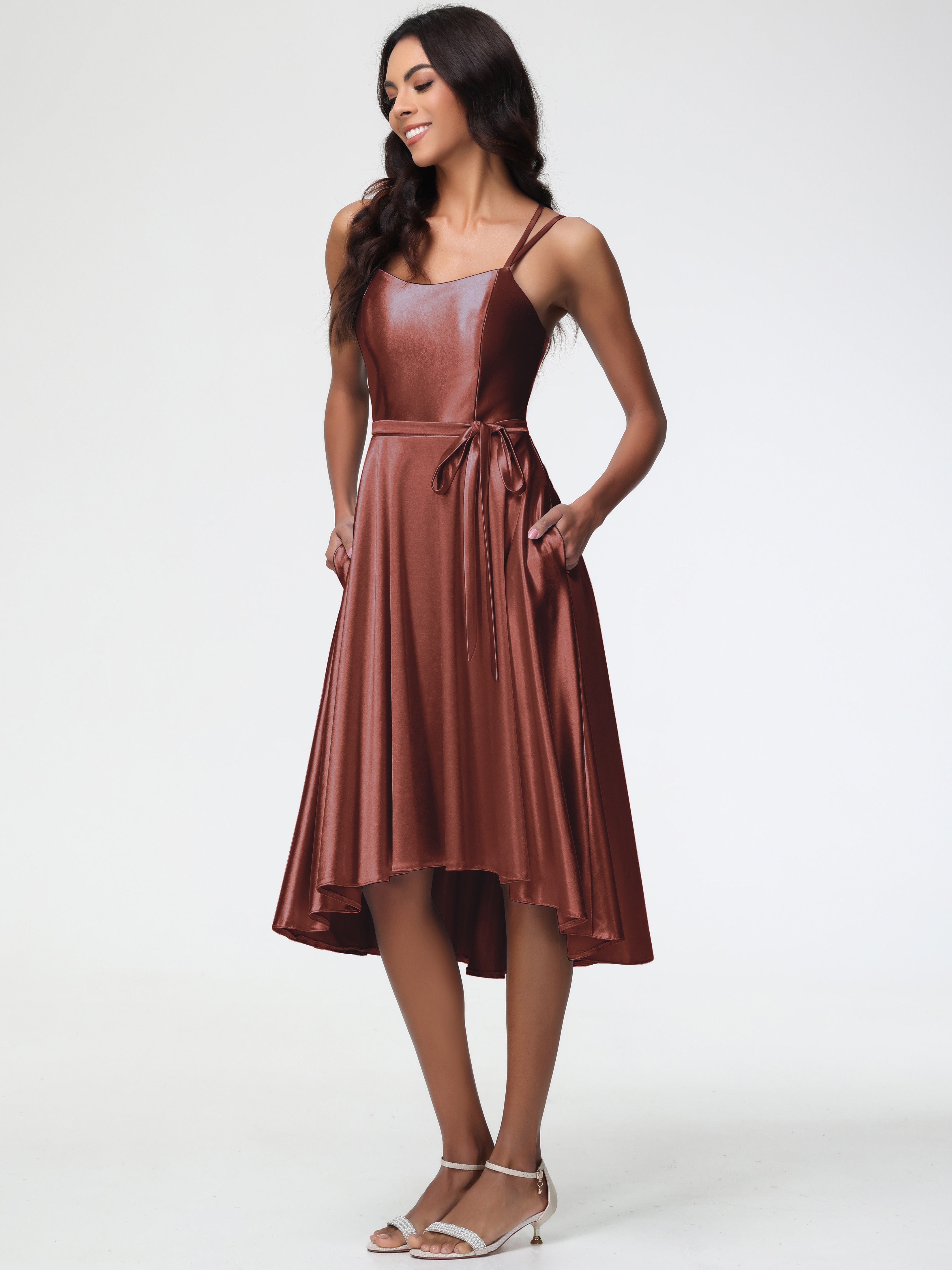 Robe Demoiselle D Honneur Terra Cotta Col Rond Satin Extensible Robe Demoiselle D Honneur Asymétrique Courte