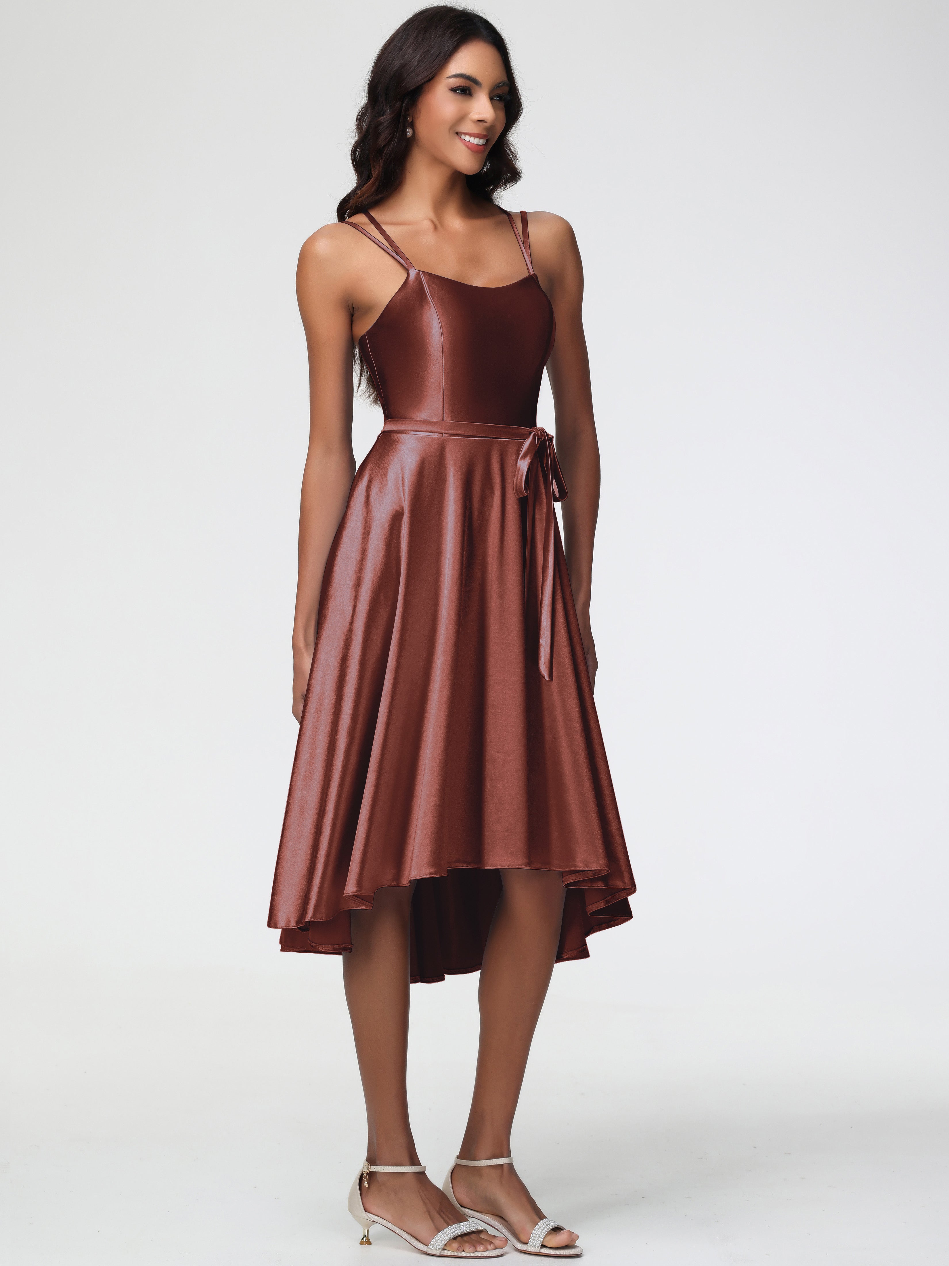 Robe Demoiselle D Honneur Terra Cotta Col Rond Satin Extensible Robe Demoiselle D Honneur Asymétrique Courte