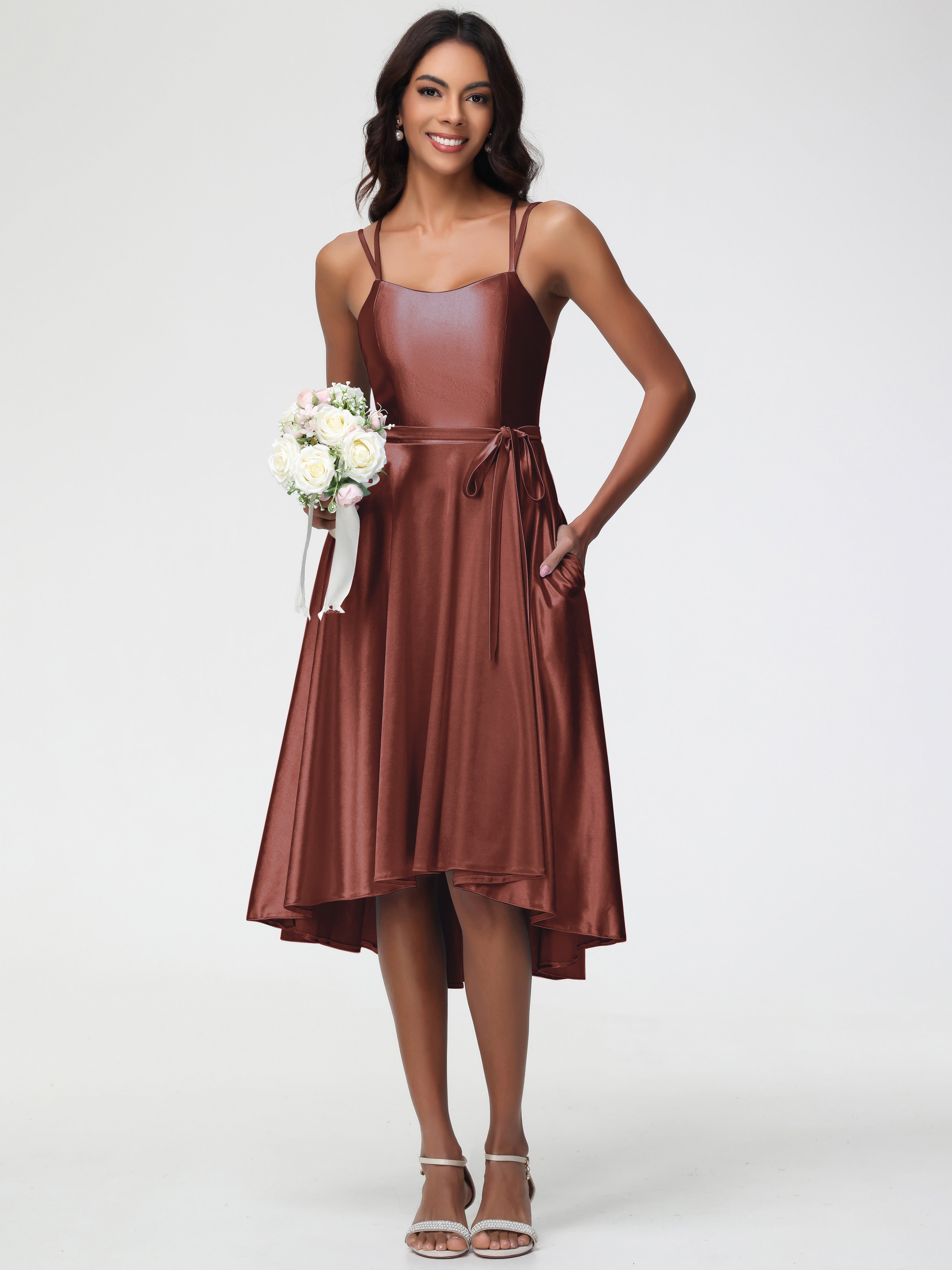Robe Demoiselle D Honneur Terra Cotta Col Rond Satin Extensible Robe Demoiselle D Honneur Asymétrique Courte