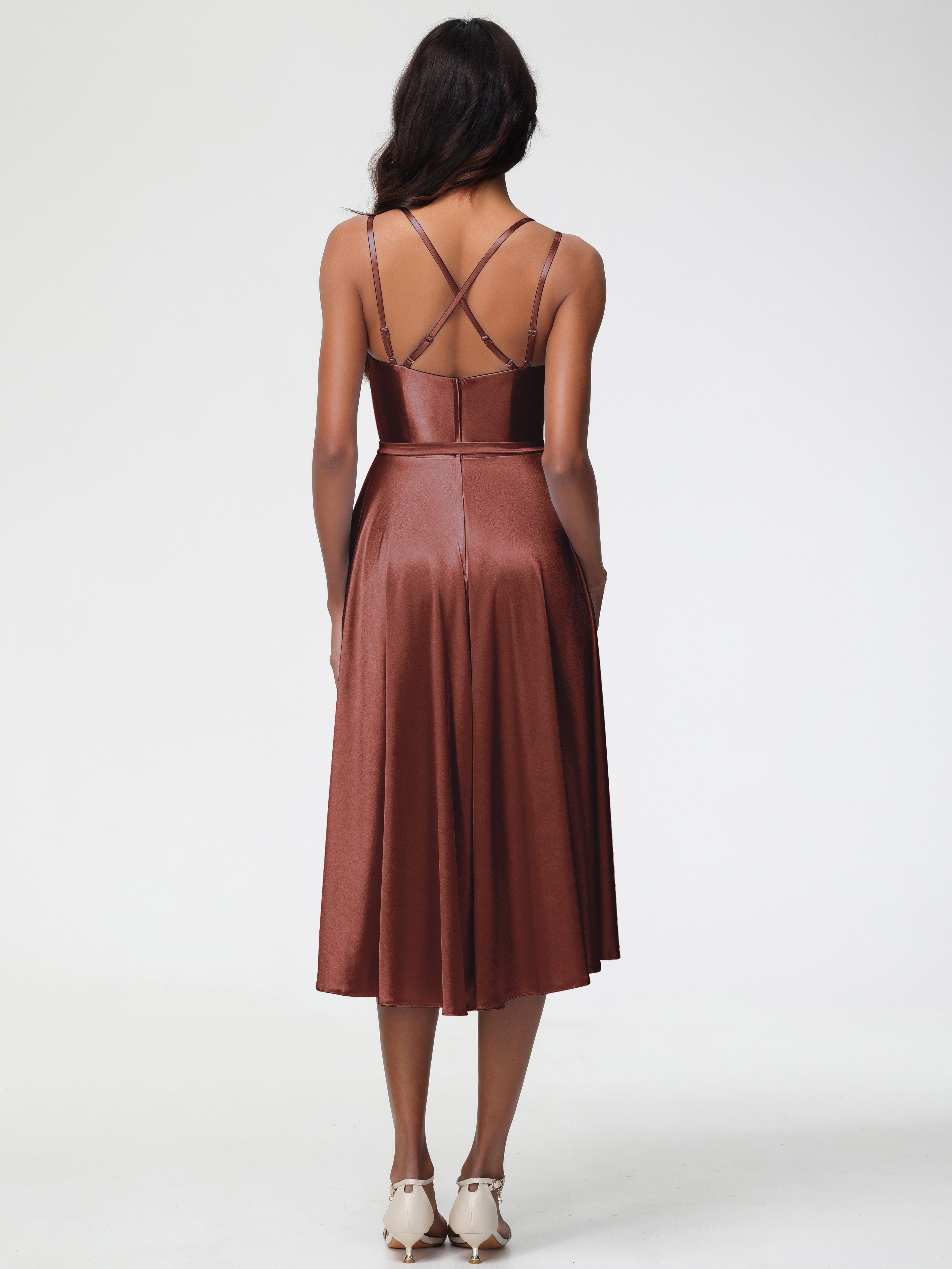 Robe Demoiselle D Honneur Terra Cotta Col Rond Satin Extensible Robe Demoiselle D Honneur Asymétrique Courte