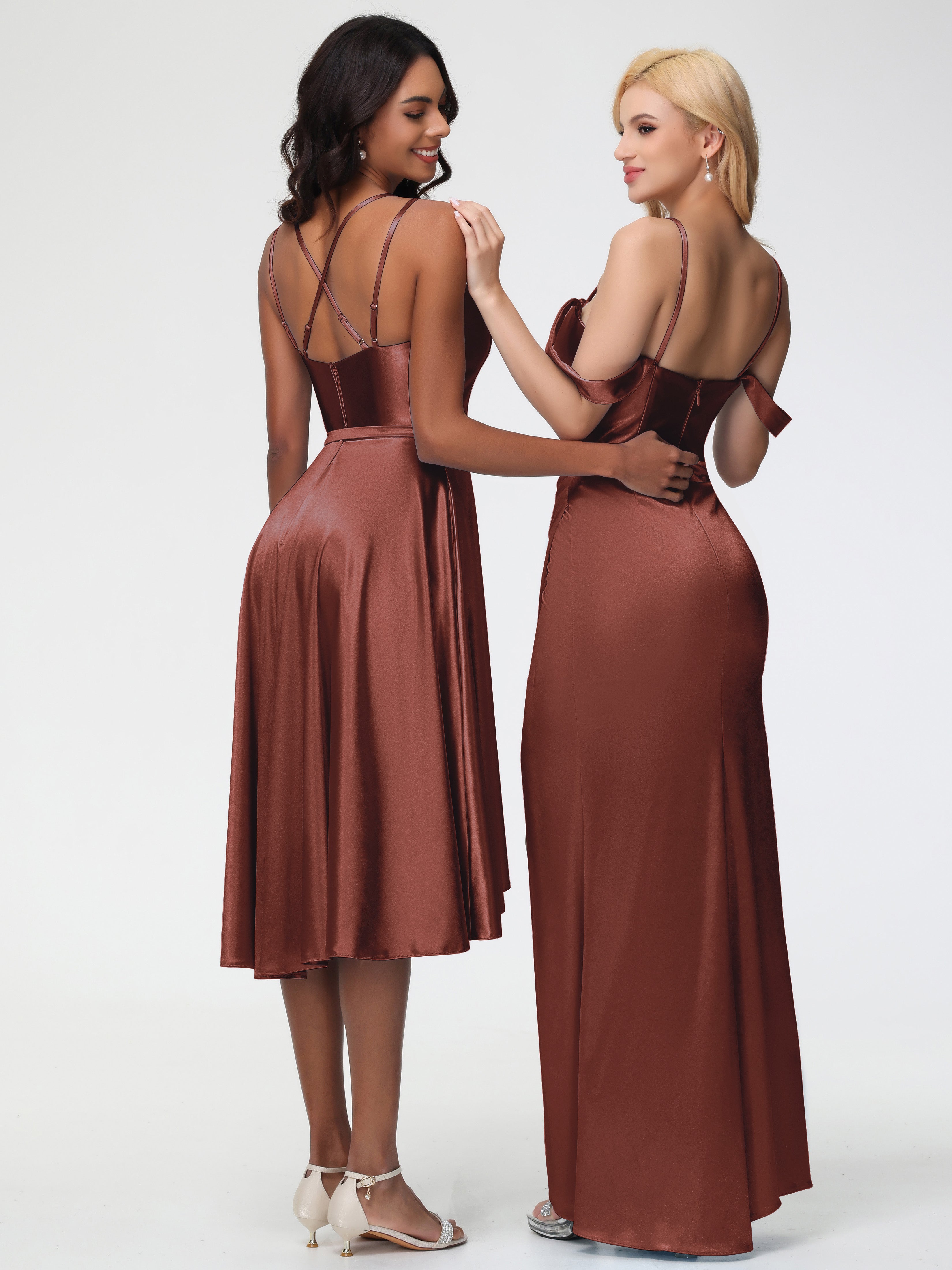 Robe Demoiselle D Honneur Terra Cotta Col Rond Satin Extensible Robe Demoiselle D Honneur Asymétrique Courte