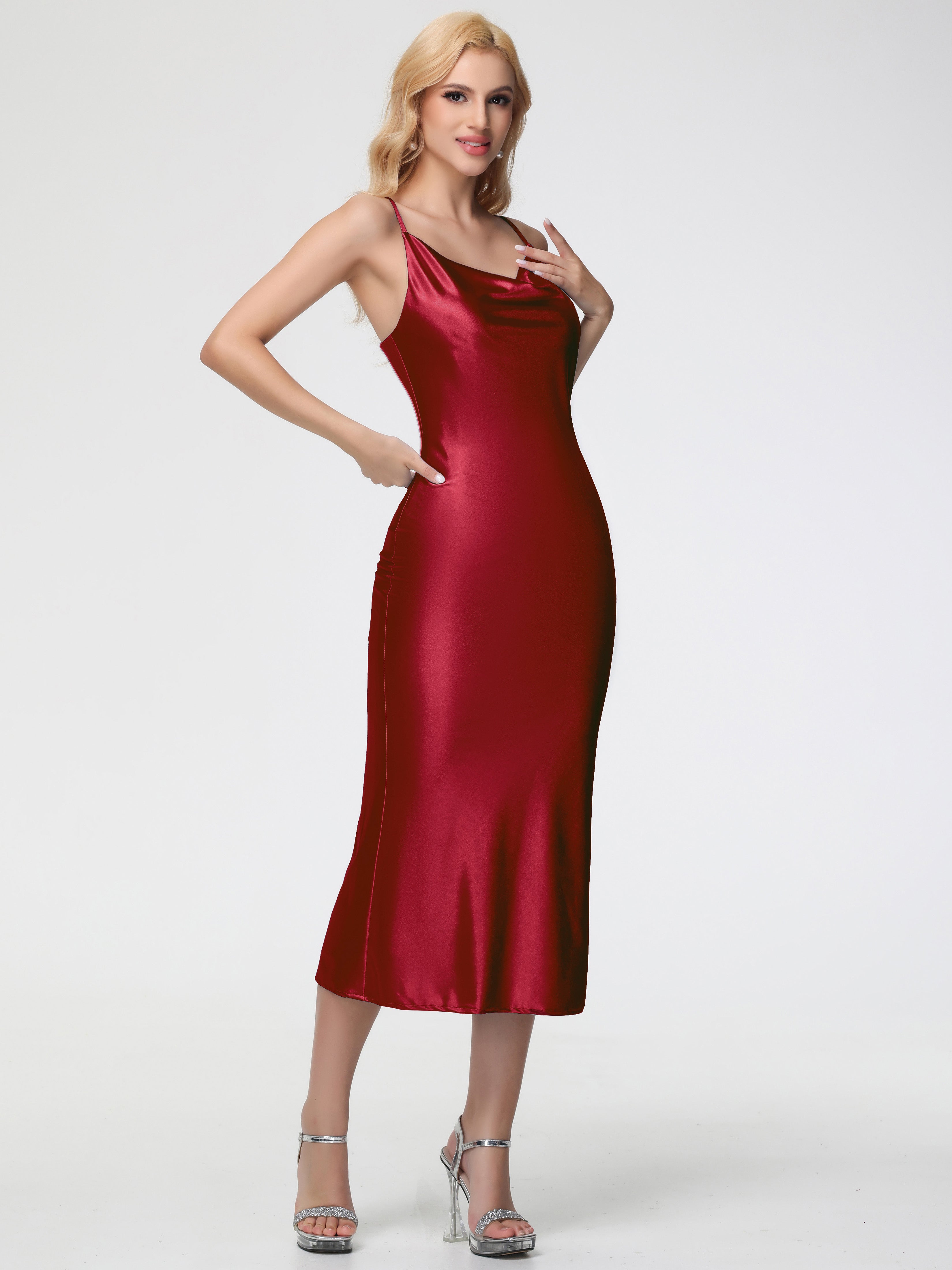 Robes De Demoiselle D'Honneur Bordeaux Pas Cher Col V Bretelles Spaghetti Fourreau/Colonne Fendue Satin Extensible Robe De Demoiselle D'Honneur