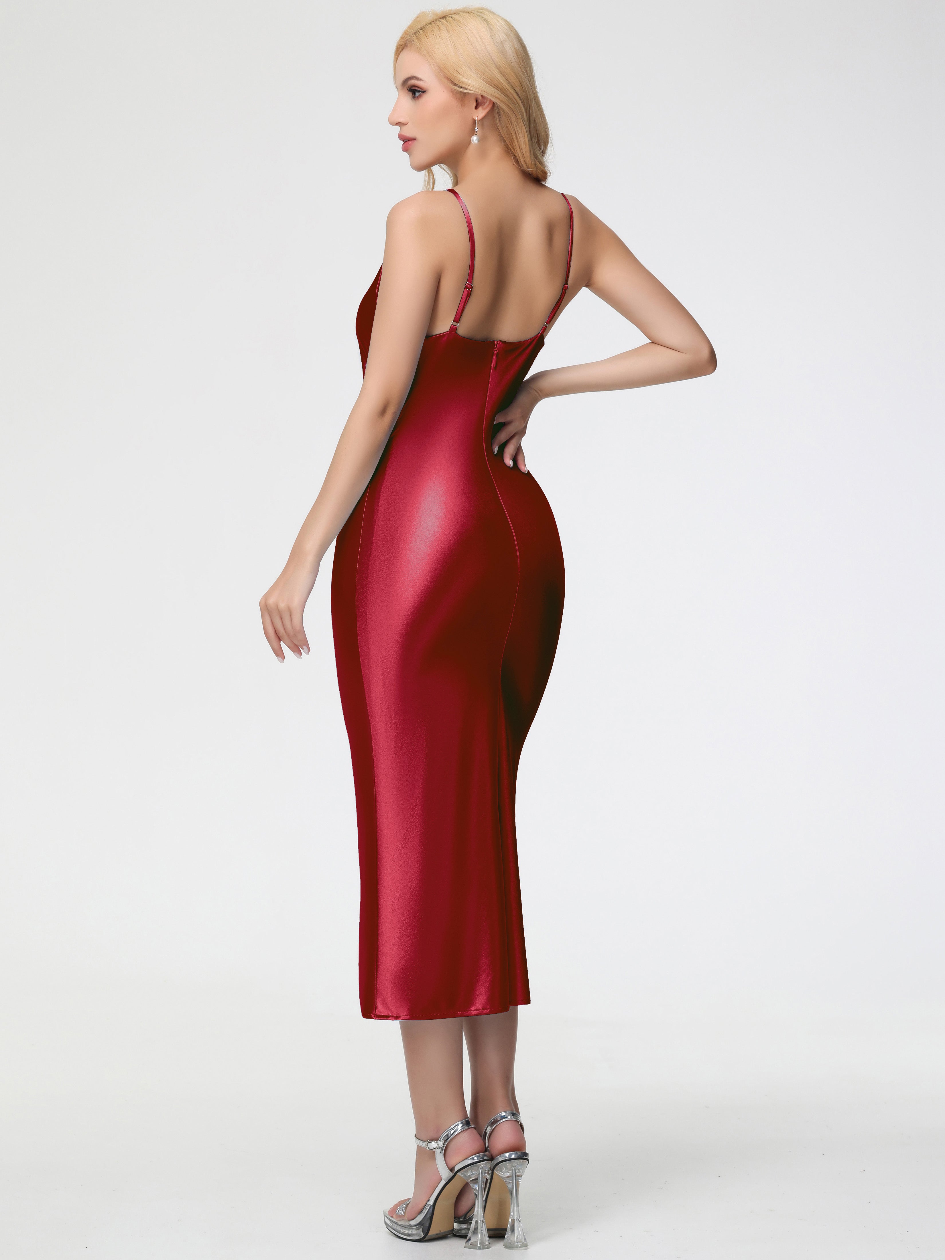 Robes De Demoiselle D'Honneur Bordeaux Pas Cher Col V Bretelles Spaghetti Fourreau/Colonne Fendue Satin Extensible Robe De Demoiselle D'Honneur