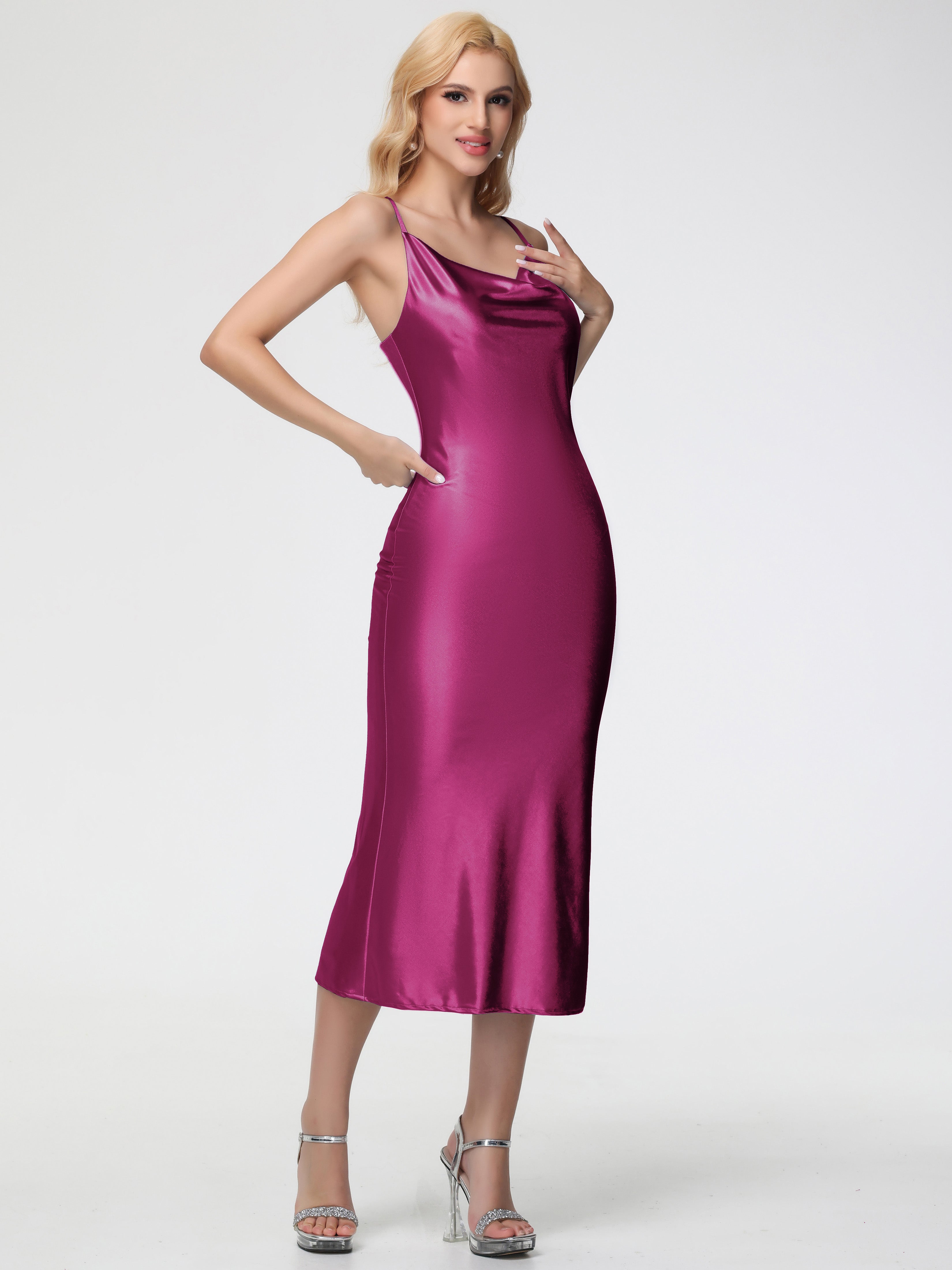 Robes De Demoiselle D'Honneur Rose Fuchsia Col V Bretelles Spaghetti Fourreau/Colonne Fendue Satin Extensible Robe De Demoiselle D'Honneur