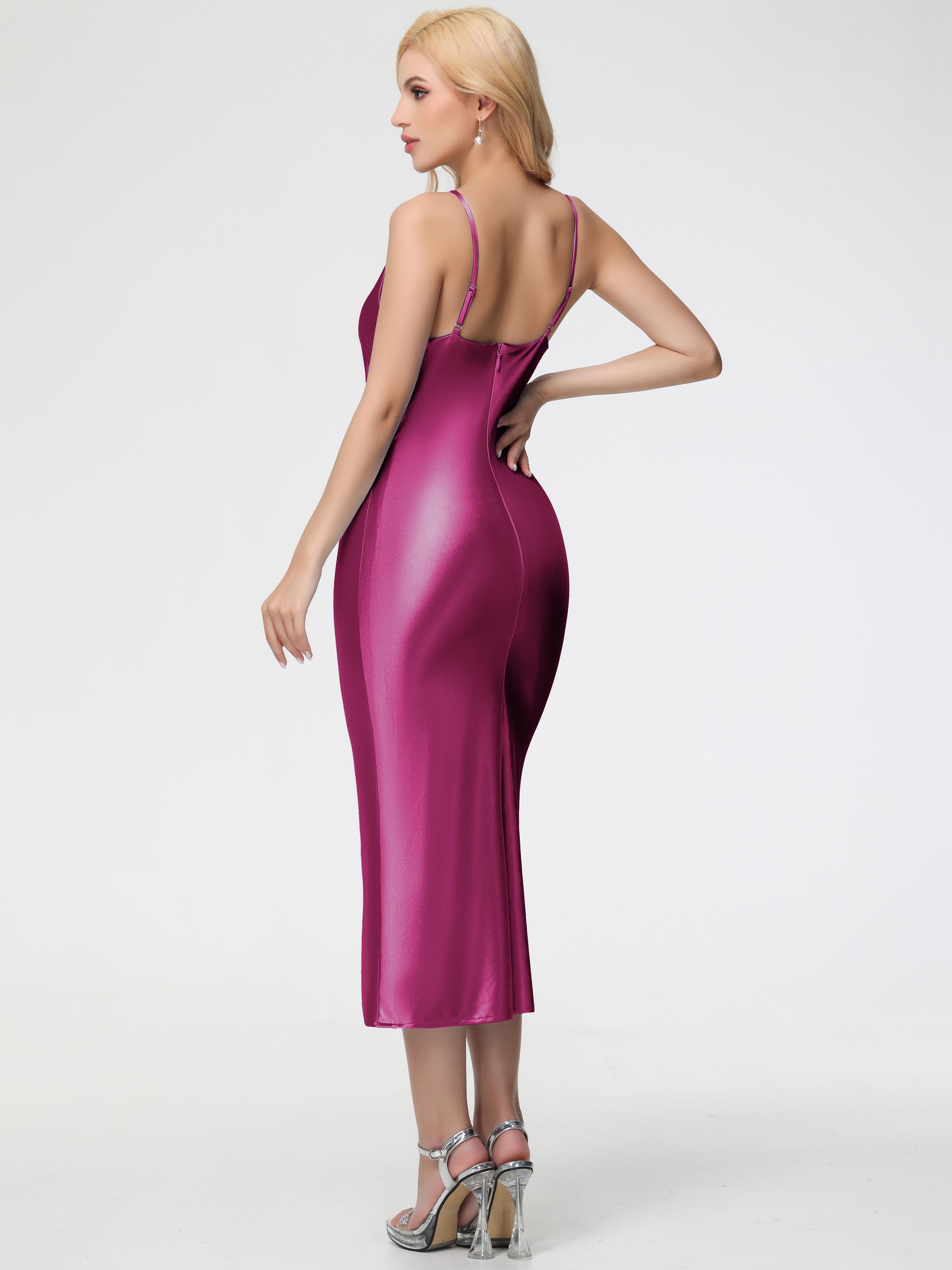 Robes De Demoiselle D'Honneur Rose Fuchsia Col V Bretelles Spaghetti Fourreau/Colonne Fendue Satin Extensible Robe De Demoiselle D'Honneur