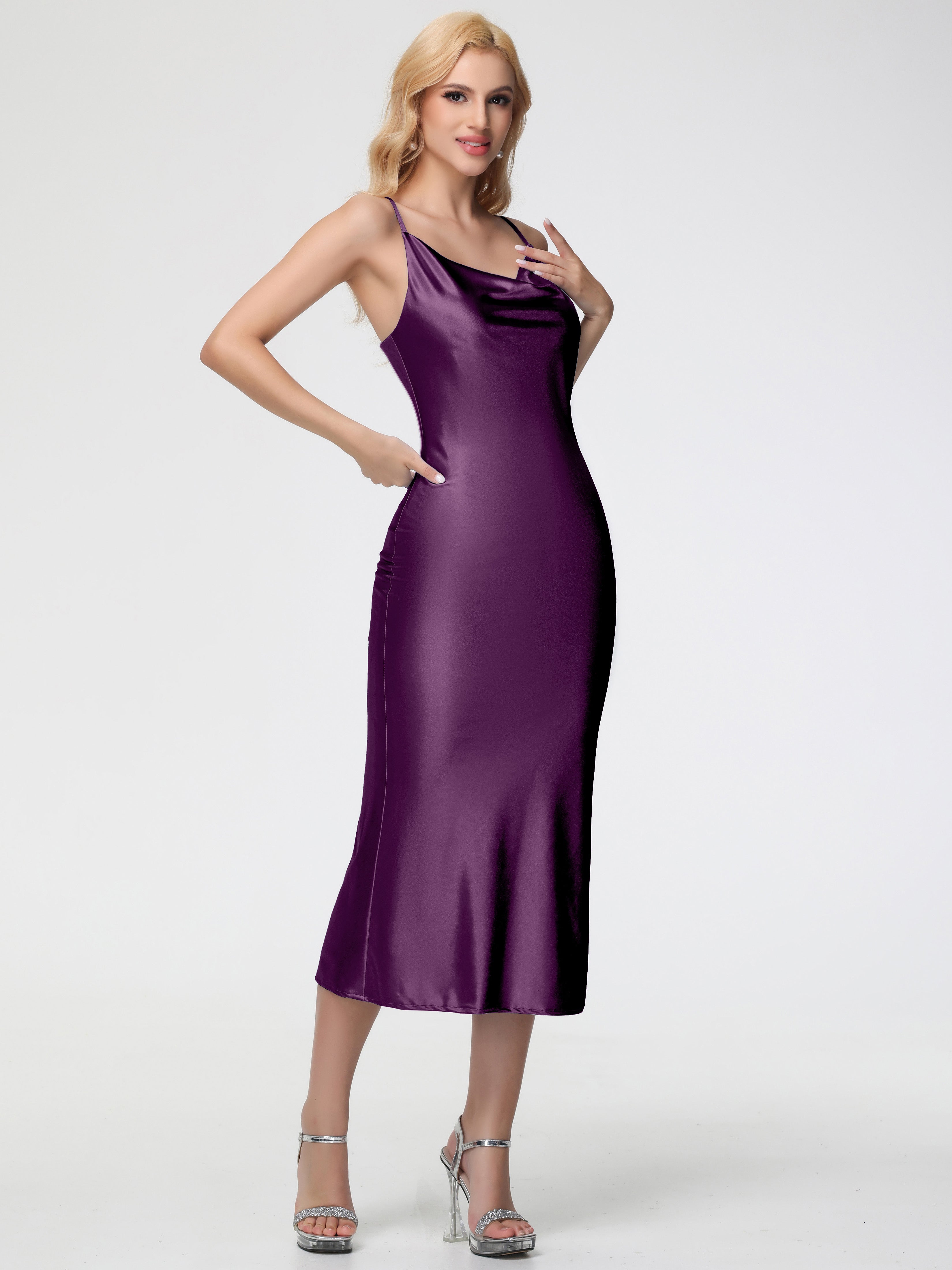 Robes De Demoiselle D'Honneur En Raisin Col V Bretelles Spaghetti Fourreau/Colonne Fendue Satin Extensible Robe De Demoiselle D'Honneur