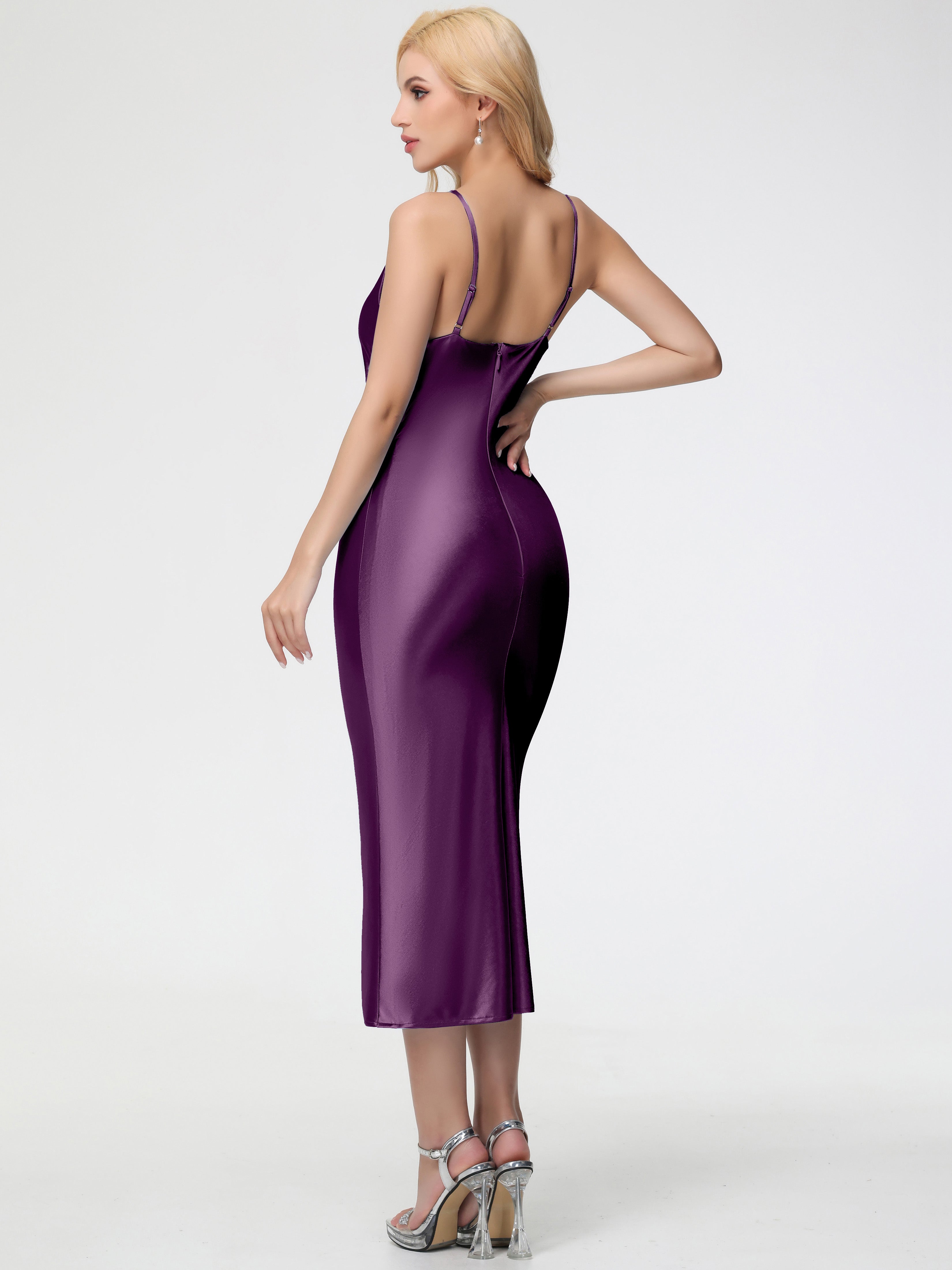 Robes De Demoiselle D'Honneur En Raisin Col V Bretelles Spaghetti Fourreau/Colonne Fendue Satin Extensible Robe De Demoiselle D'Honneur