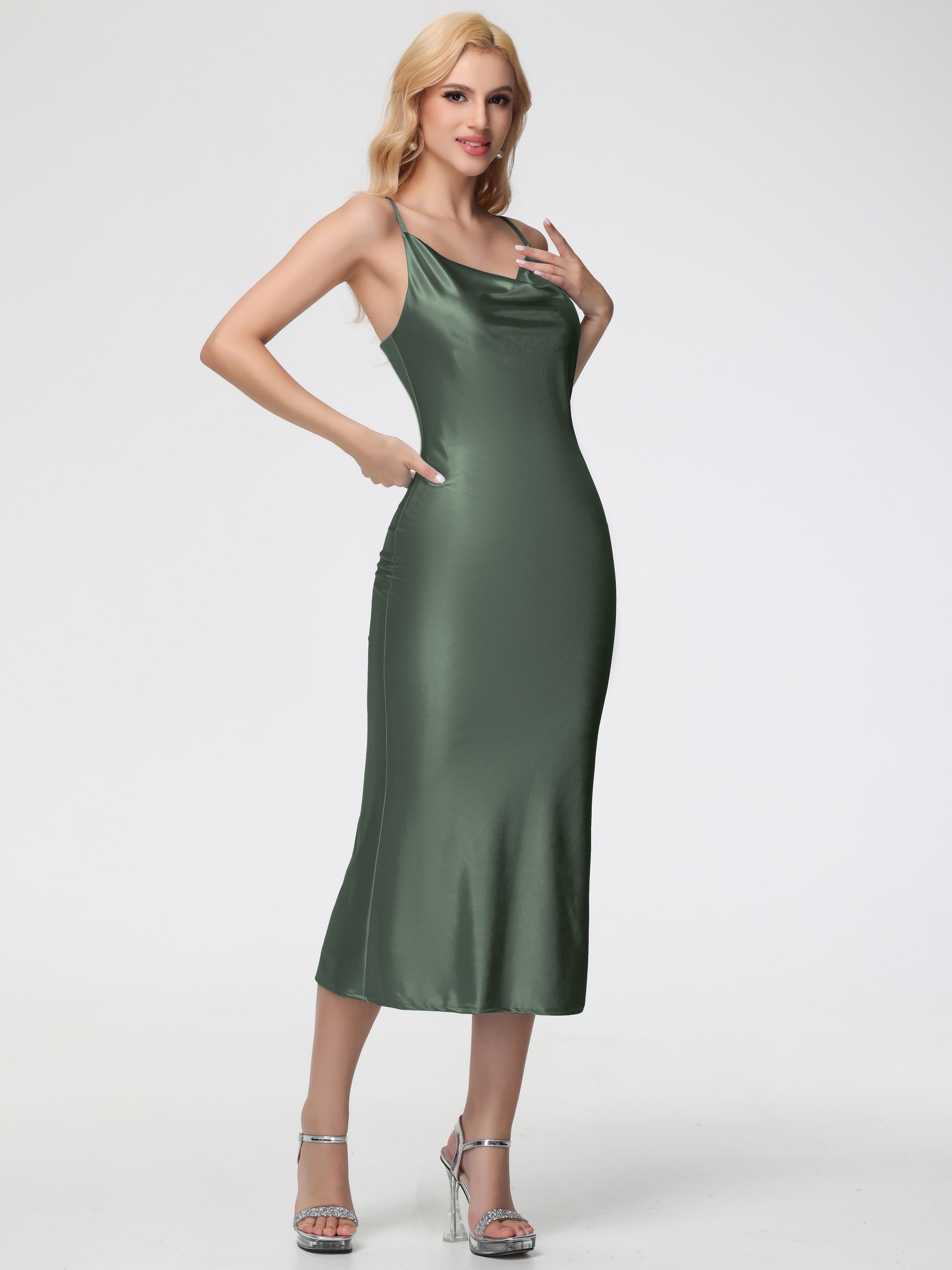 Robes De Demoiselle D'Honneur Olive Col V Bretelles Spaghetti Fourreau/Colonne Fendue Satin Extensible Robe De Demoiselle D'Honneur