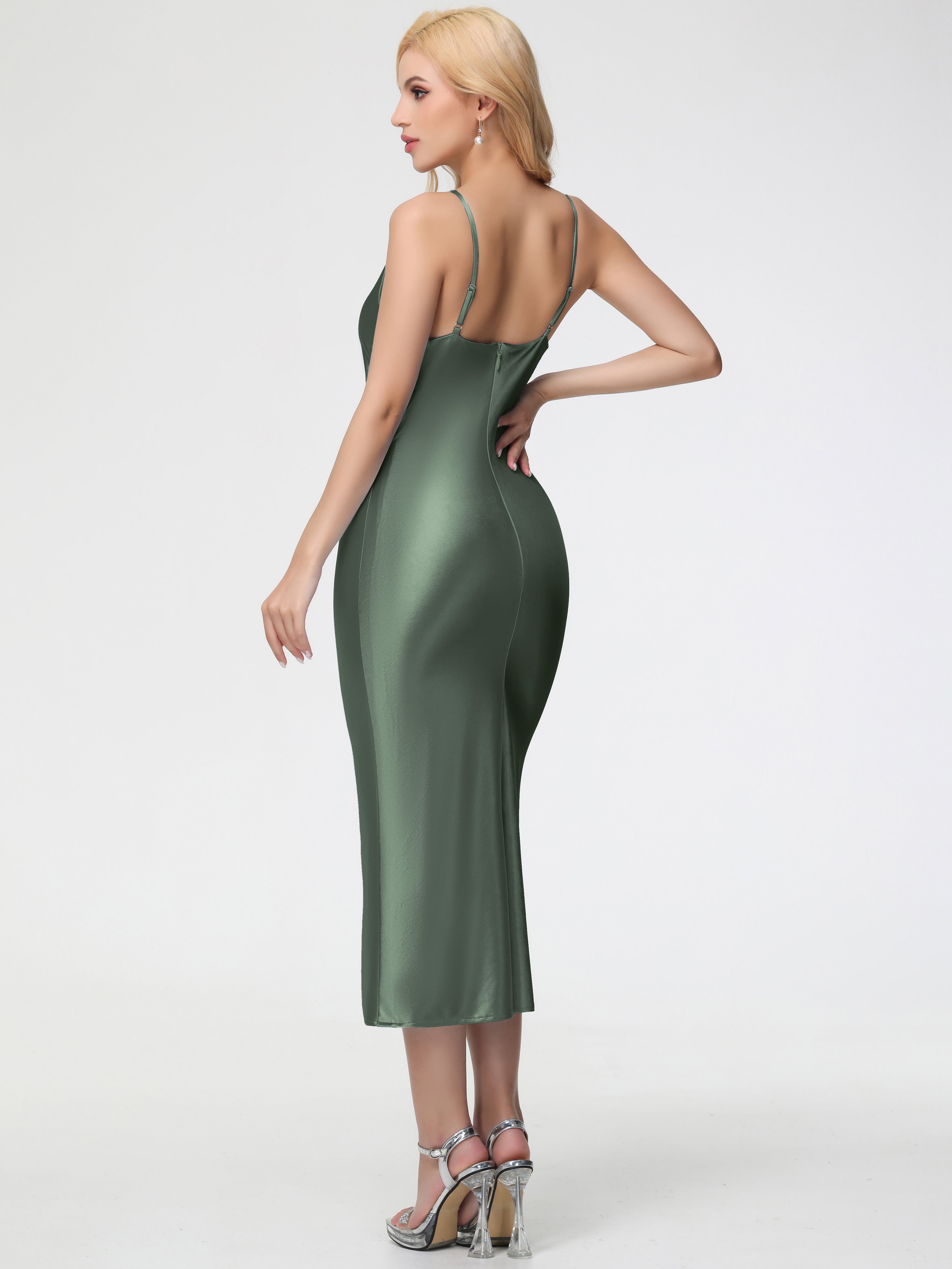 Robes De Demoiselle D'Honneur Olive Col V Bretelles Spaghetti Fourreau/Colonne Fendue Satin Extensible Robe De Demoiselle D'Honneur