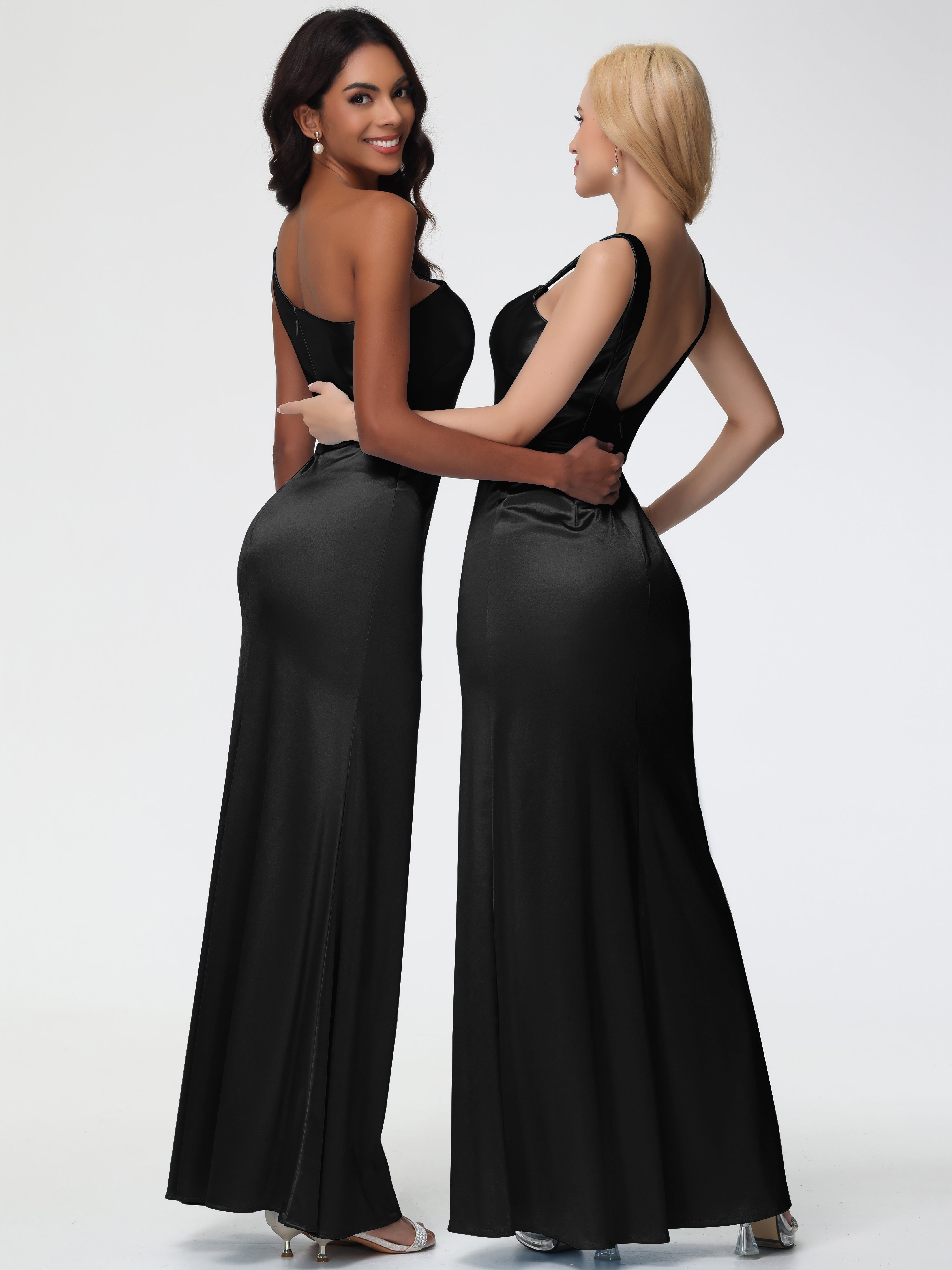 Robes De Demoiselle D'Honneur Noires Bon Marché Seule-Épaule Satin Extensible Robe Sirène Demoiselle D Honneur