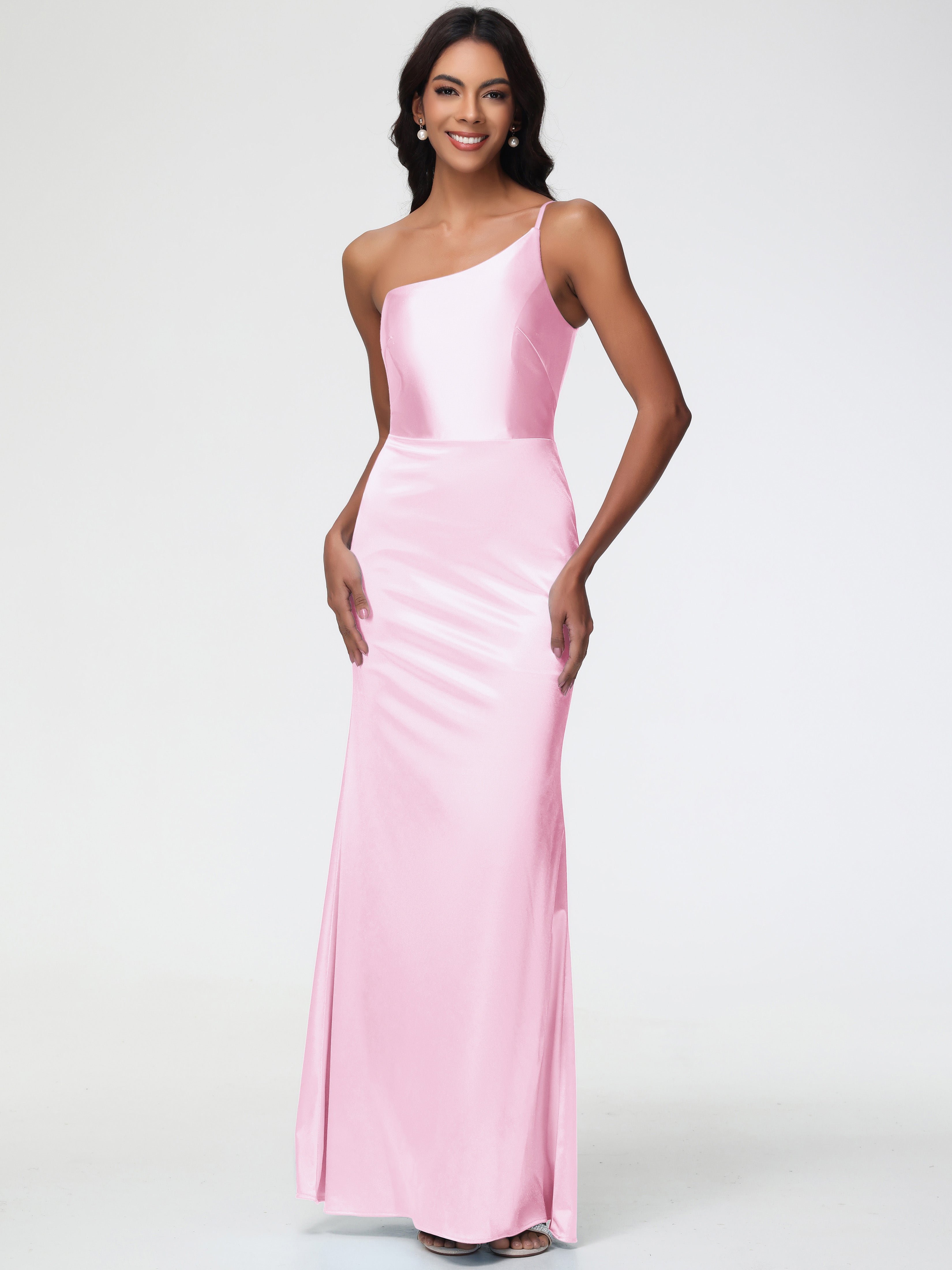 Robe Demoiselle D Honneur Rose Pale Pas Cher Seule-Épaule Satin Extensible Robe Sirène Demoiselle D Honneur