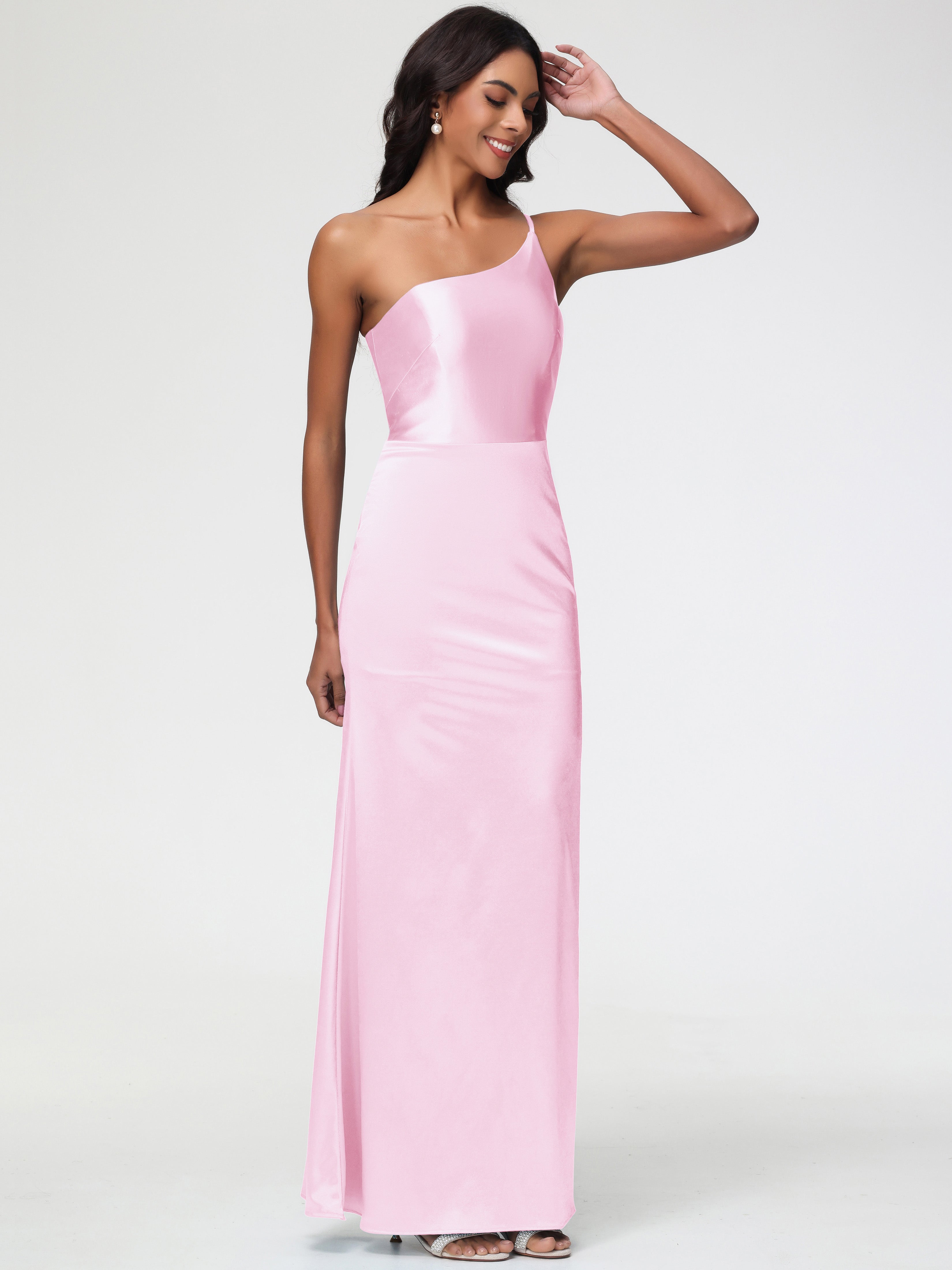 Robe Demoiselle D Honneur Rose Pale Pas Cher Seule-Épaule Satin Extensible Robe Sirène Demoiselle D Honneur