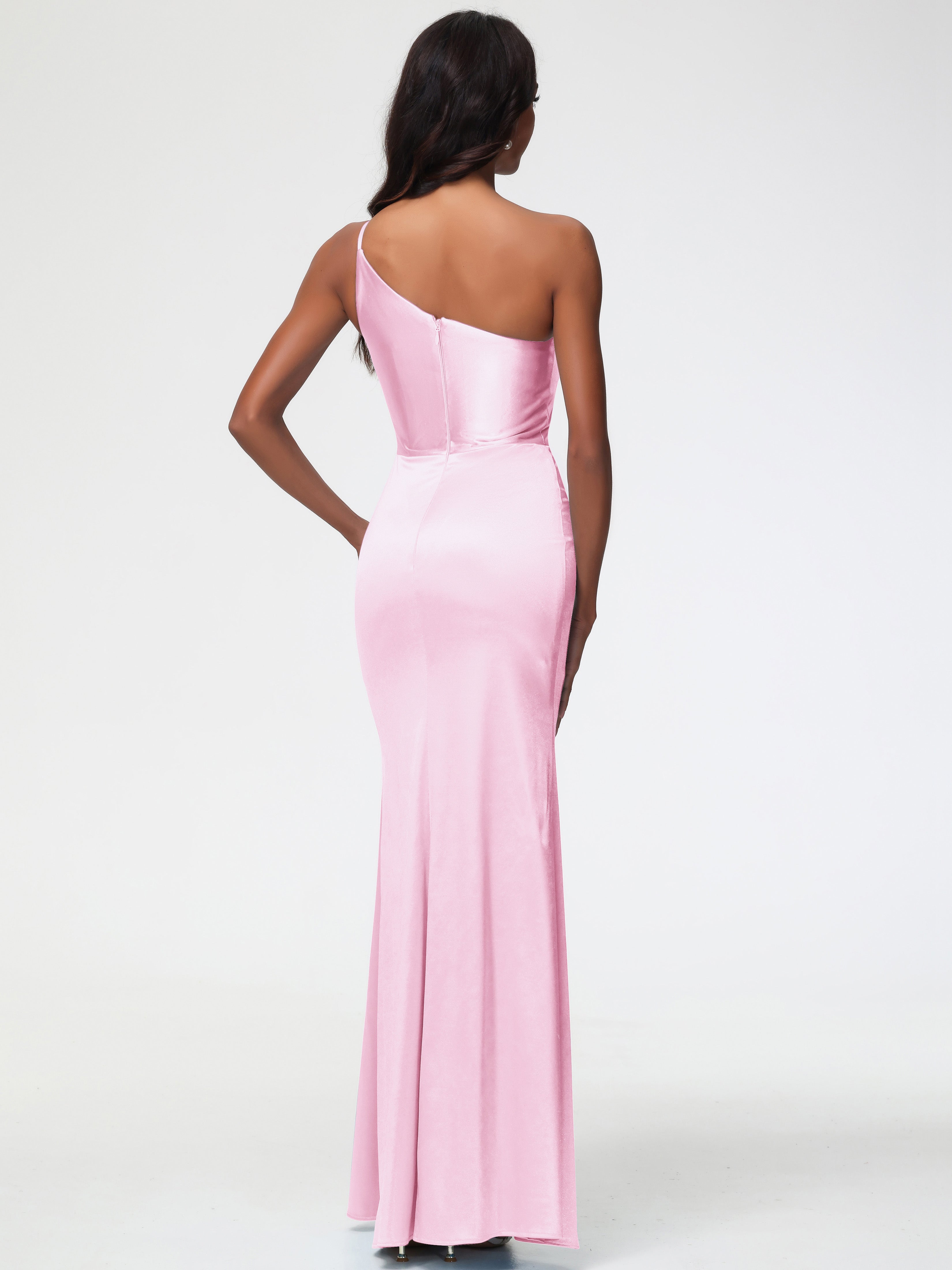 Robe Demoiselle D Honneur Rose Pale Pas Cher Seule-Épaule Satin Extensible Robe Sirène Demoiselle D Honneur