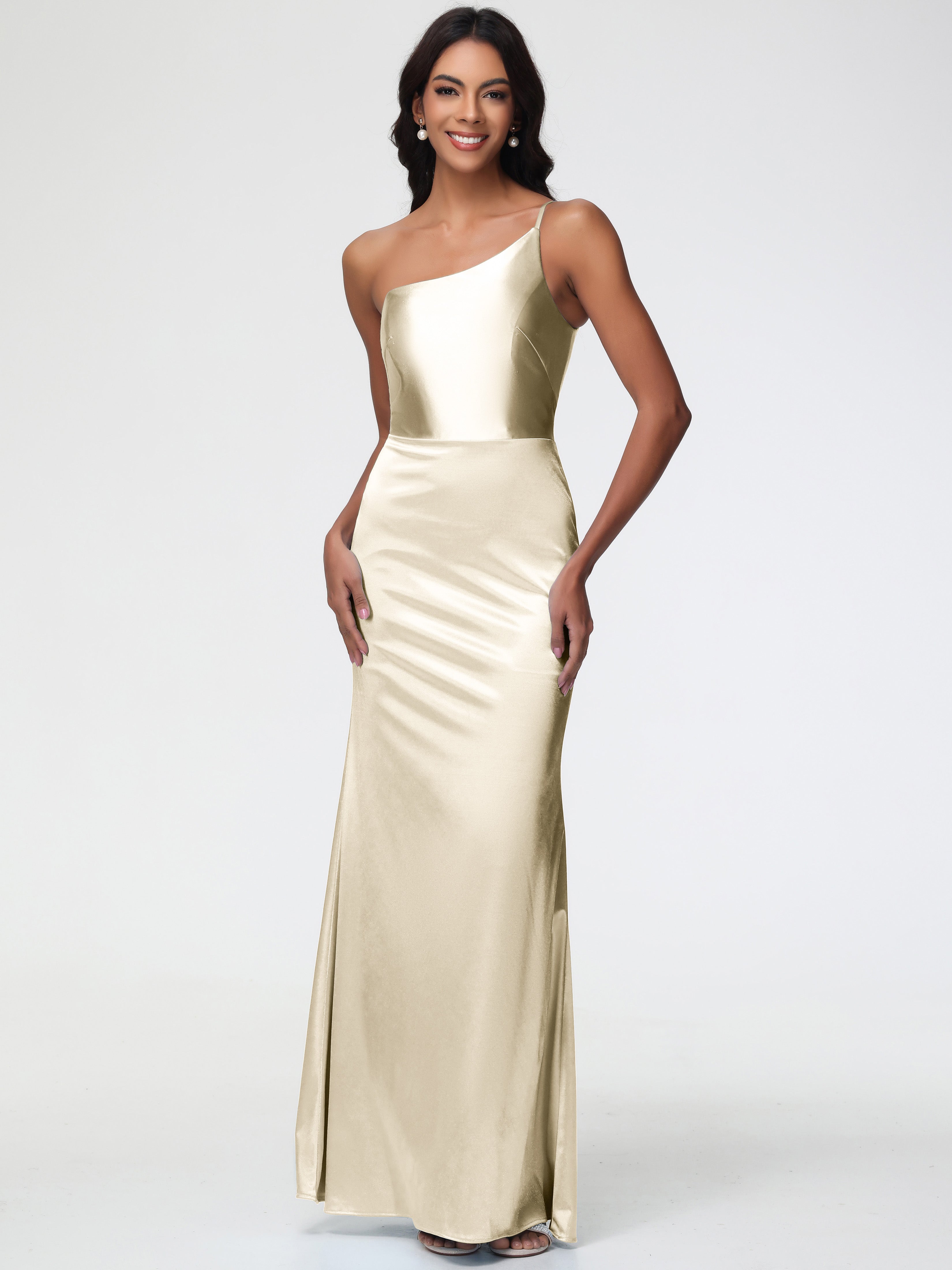 Robe Demoiselle D Honneur Champagne Seule-Épaule Satin Extensible Robe Sirène Demoiselle D Honneur