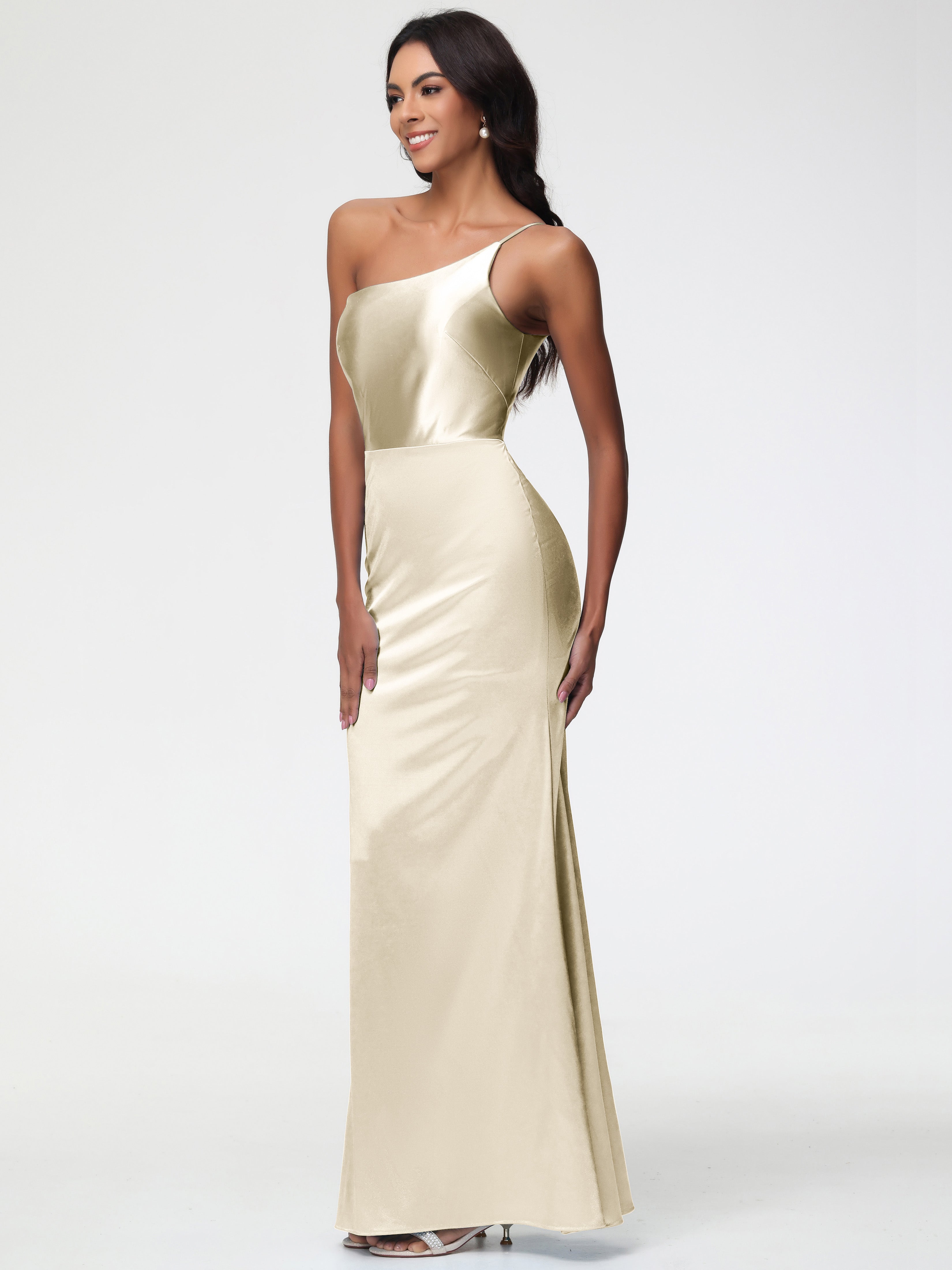 Robe Demoiselle D Honneur Champagne Seule-Épaule Satin Extensible Robe Sirène Demoiselle D Honneur