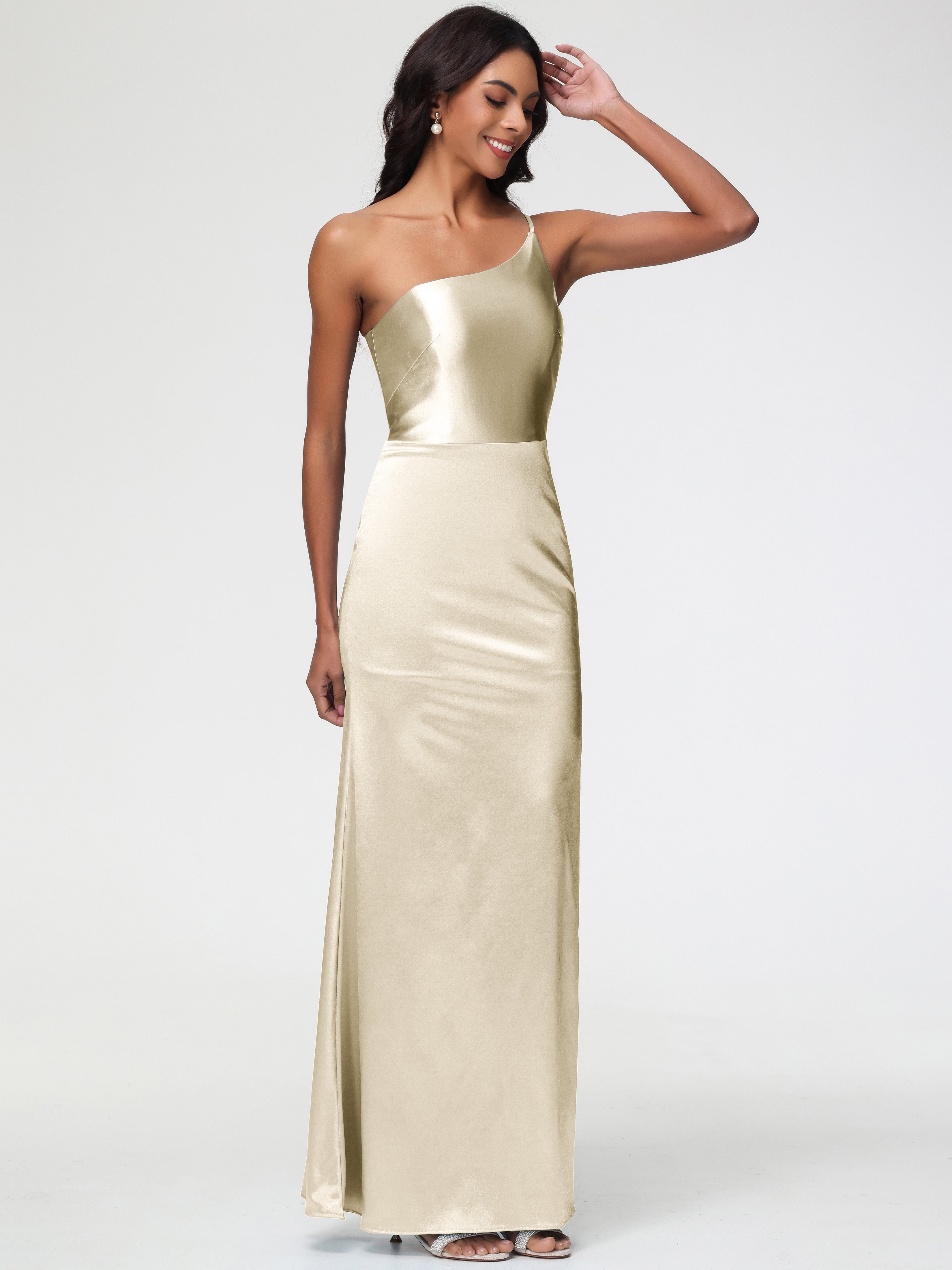 Robe Demoiselle D Honneur Champagne Seule-Épaule Satin Extensible Robe Sirène Demoiselle D Honneur