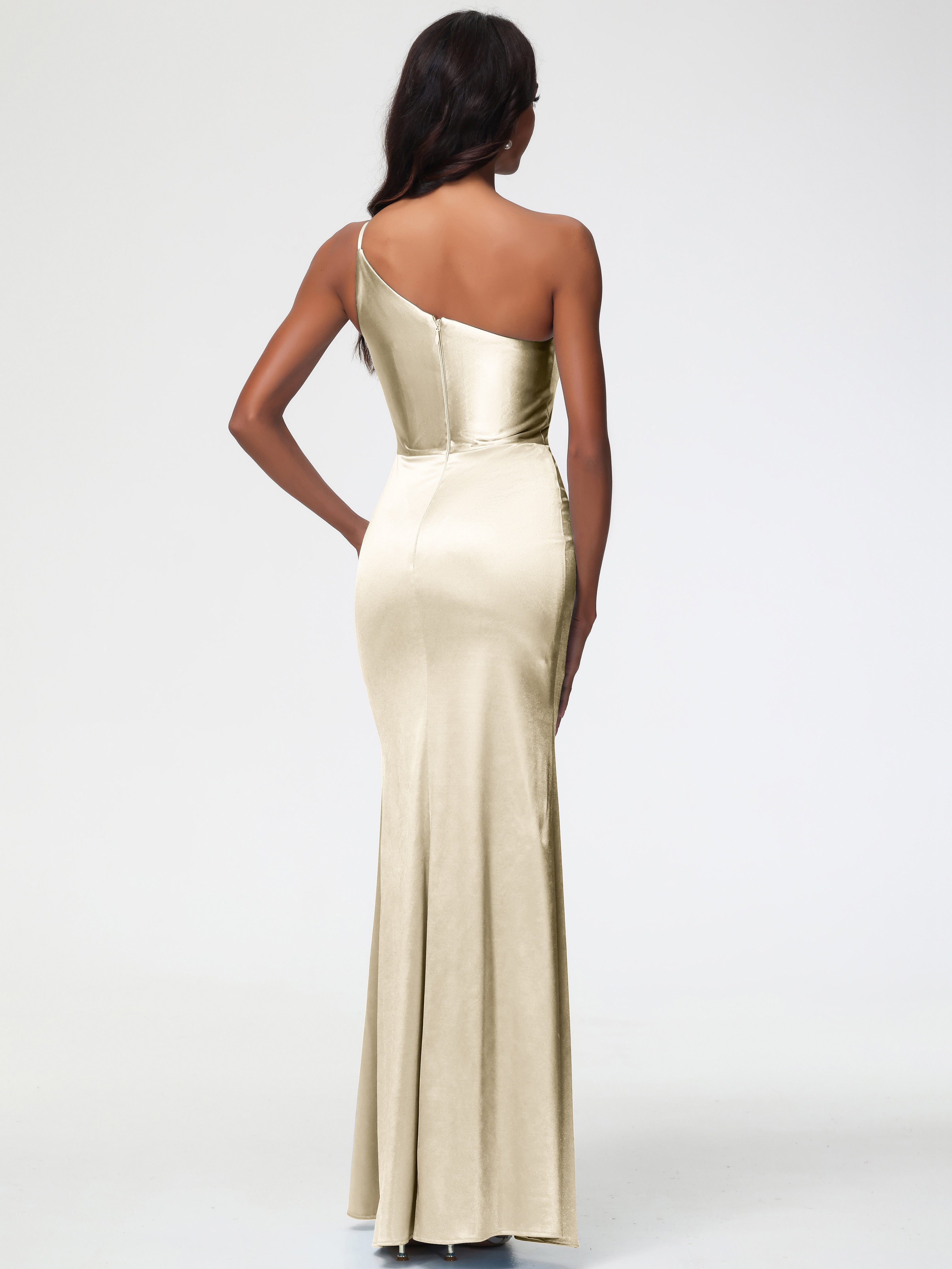 Robe Demoiselle D Honneur Champagne Seule-Épaule Satin Extensible Robe Sirène Demoiselle D Honneur