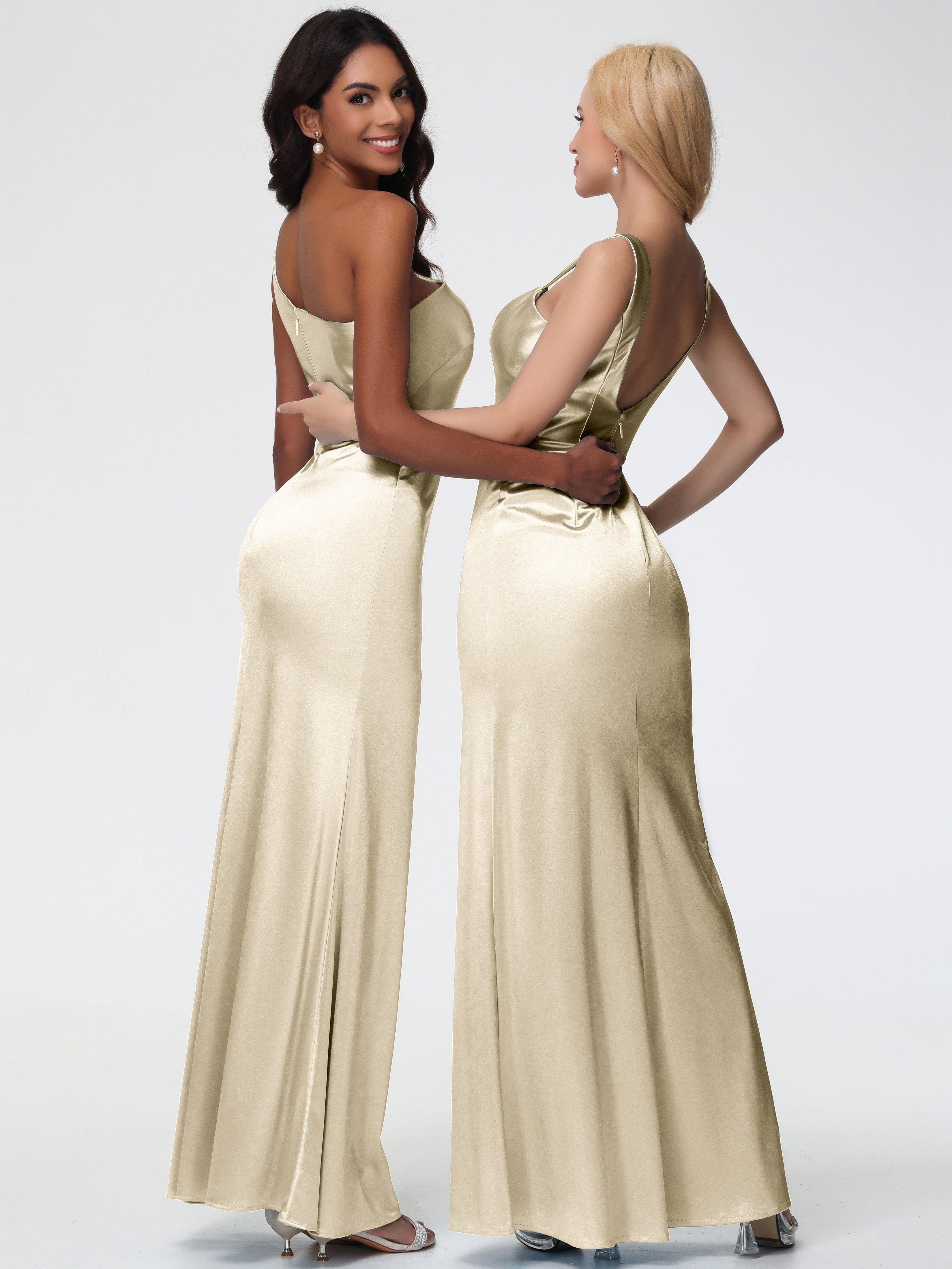 Robe Demoiselle D Honneur Champagne Seule-Épaule Satin Extensible Robe Sirène Demoiselle D Honneur
