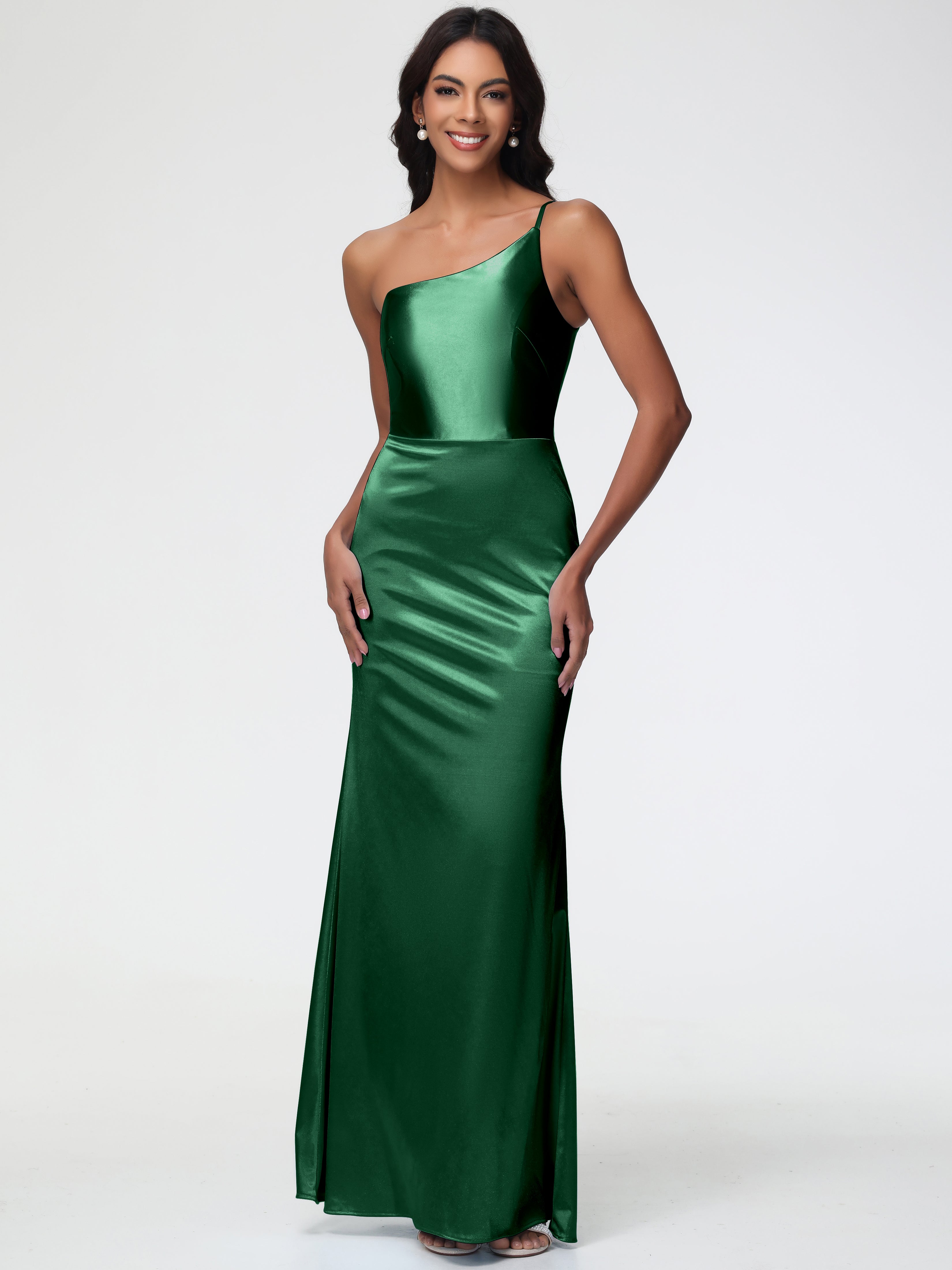 Robes De Demoiselle D'Honneur Vert Foncé Seule-Épaule Satin Extensible Robe Sirène Demoiselle D Honneur