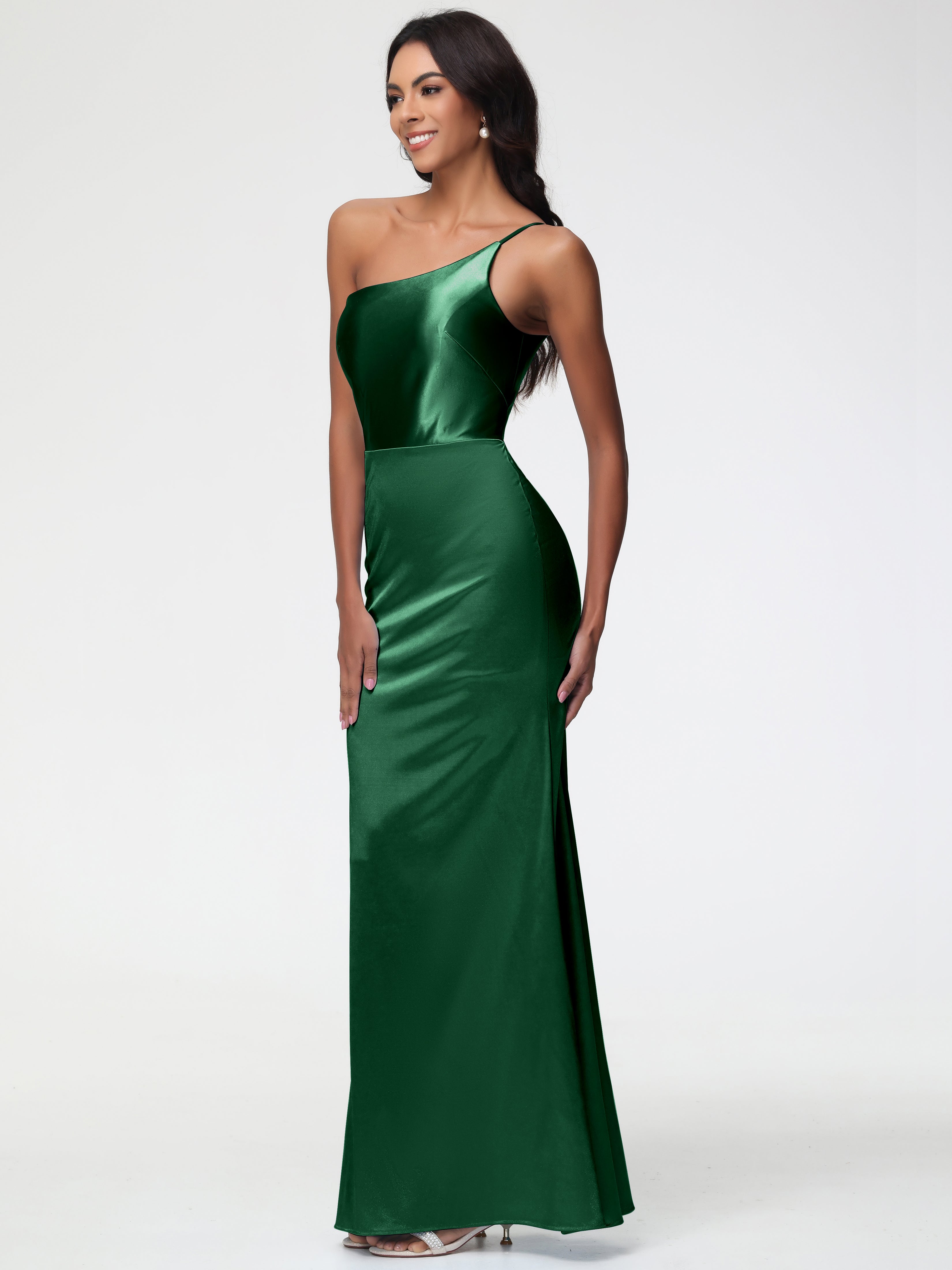 Robes De Demoiselle D'Honneur Vert Foncé Seule-Épaule Satin Extensible Robe Sirène Demoiselle D Honneur