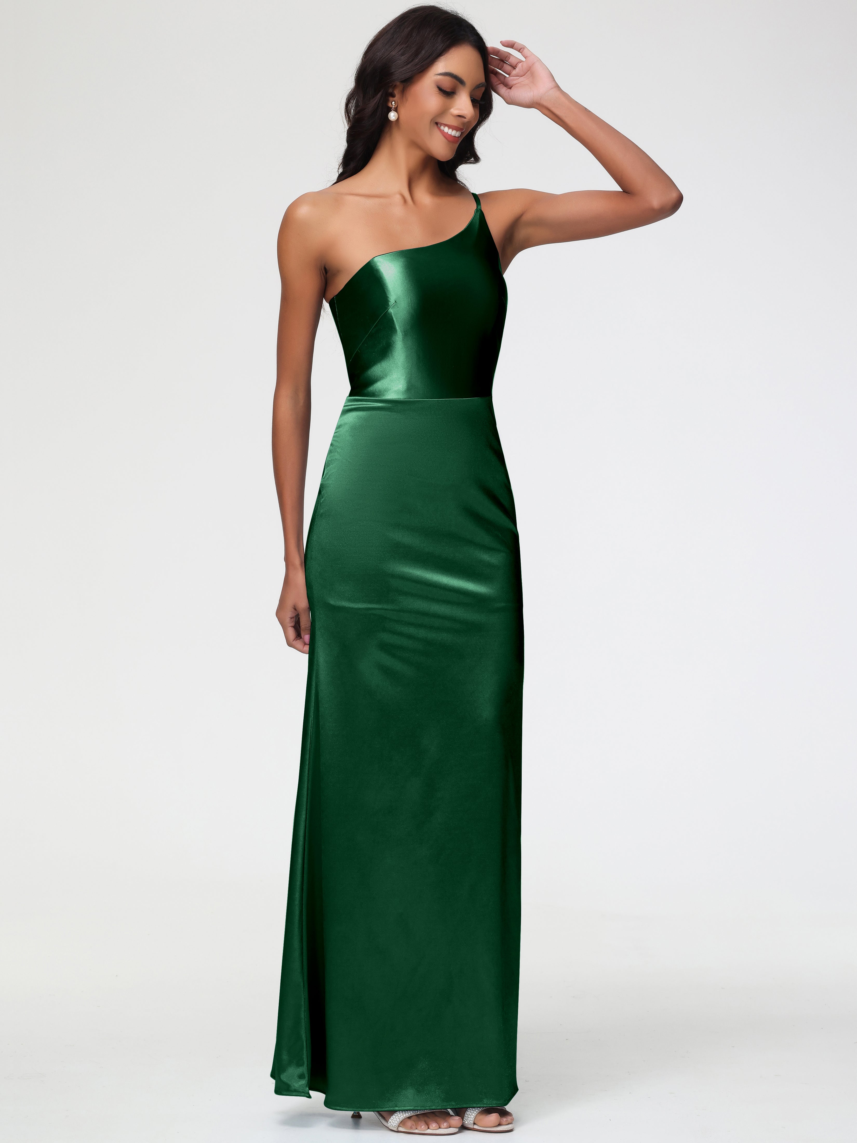 Robes De Demoiselle D'Honneur Vert Foncé Seule-Épaule Satin Extensible Robe Sirène Demoiselle D Honneur