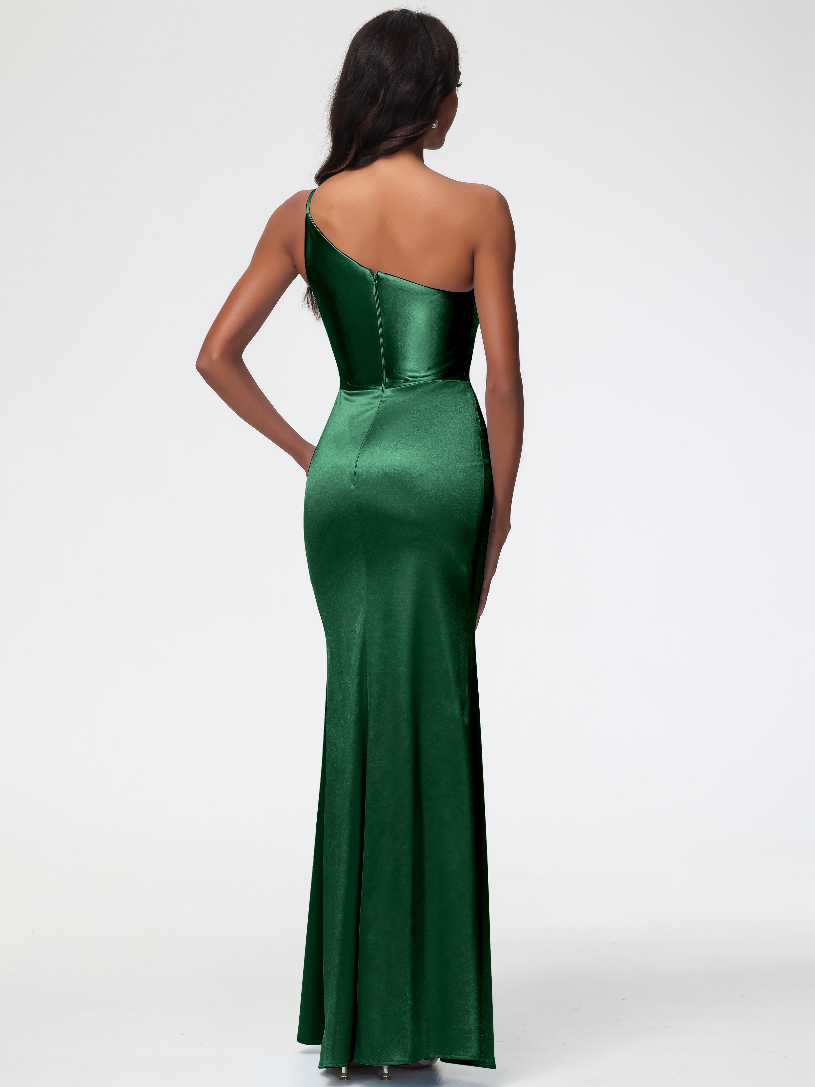 Robes De Demoiselle D'Honneur Vert Foncé Seule-Épaule Satin Extensible Robe Sirène Demoiselle D Honneur