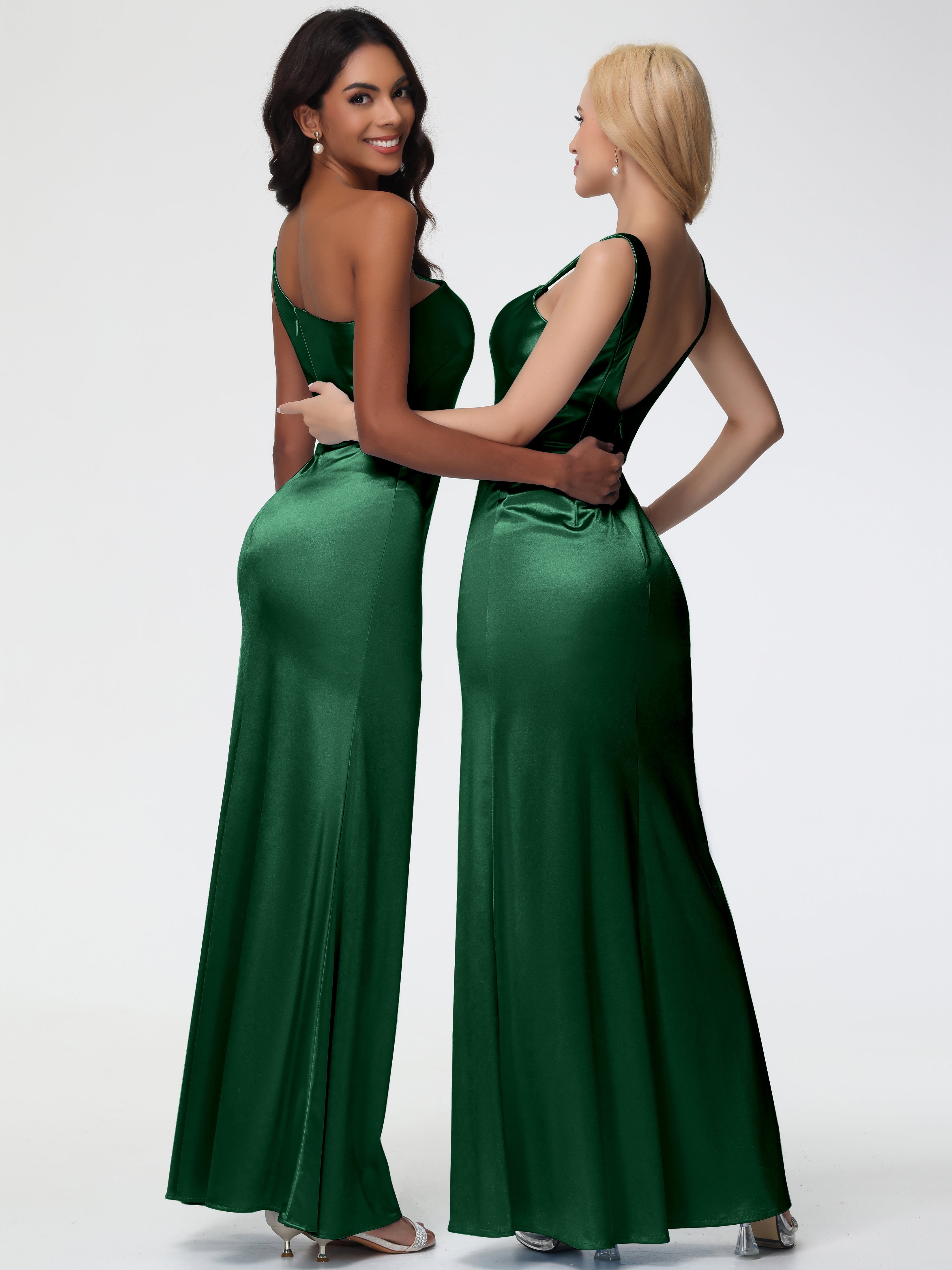 Robes De Demoiselle D'Honneur Vert Foncé Seule-Épaule Satin Extensible Robe Sirène Demoiselle D Honneur