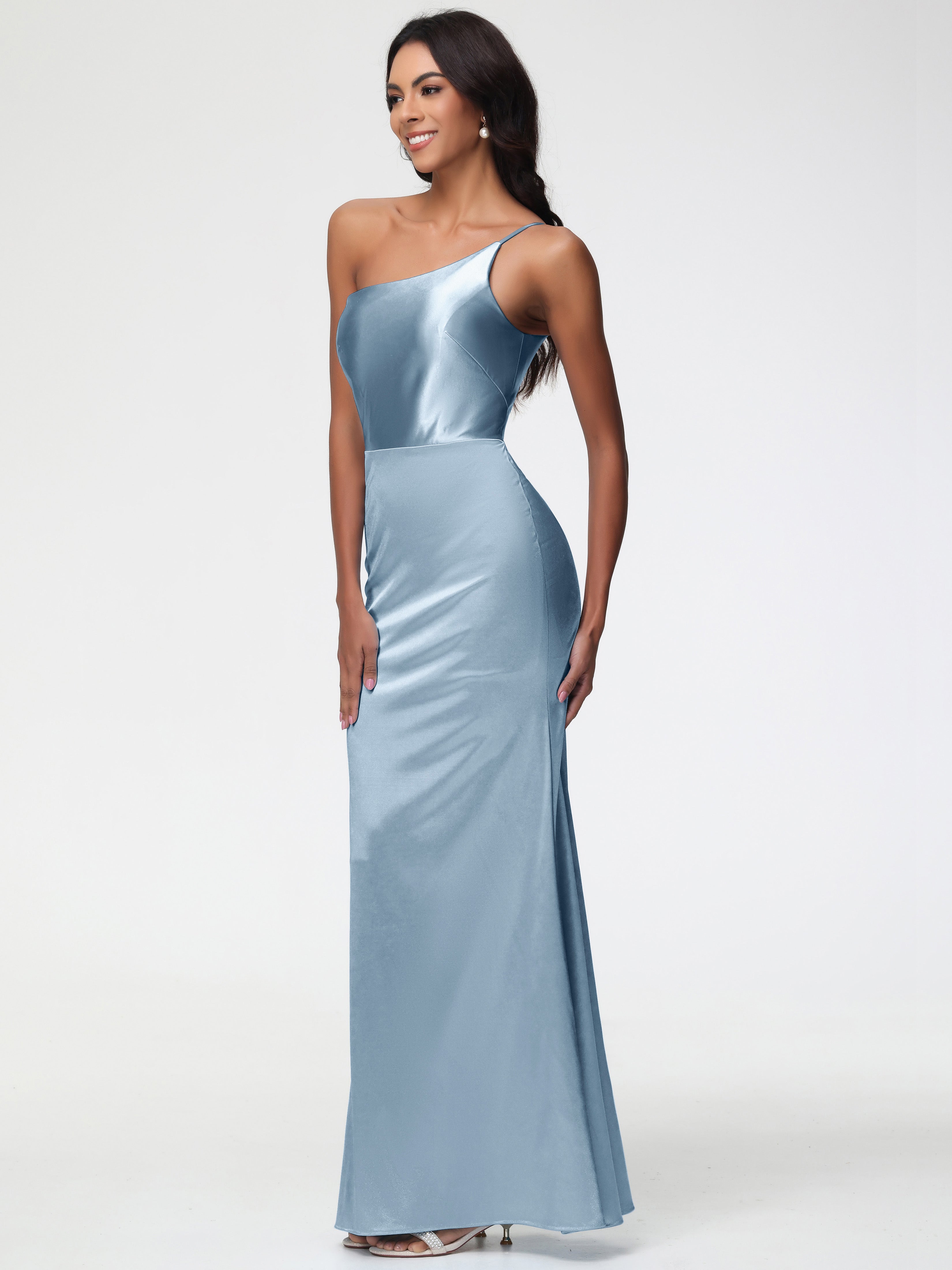 Robe Demoiselle D Honneur Bleu Poussiereux Seule-Épaule Satin Extensible Robe Sirène Demoiselle D Honneur