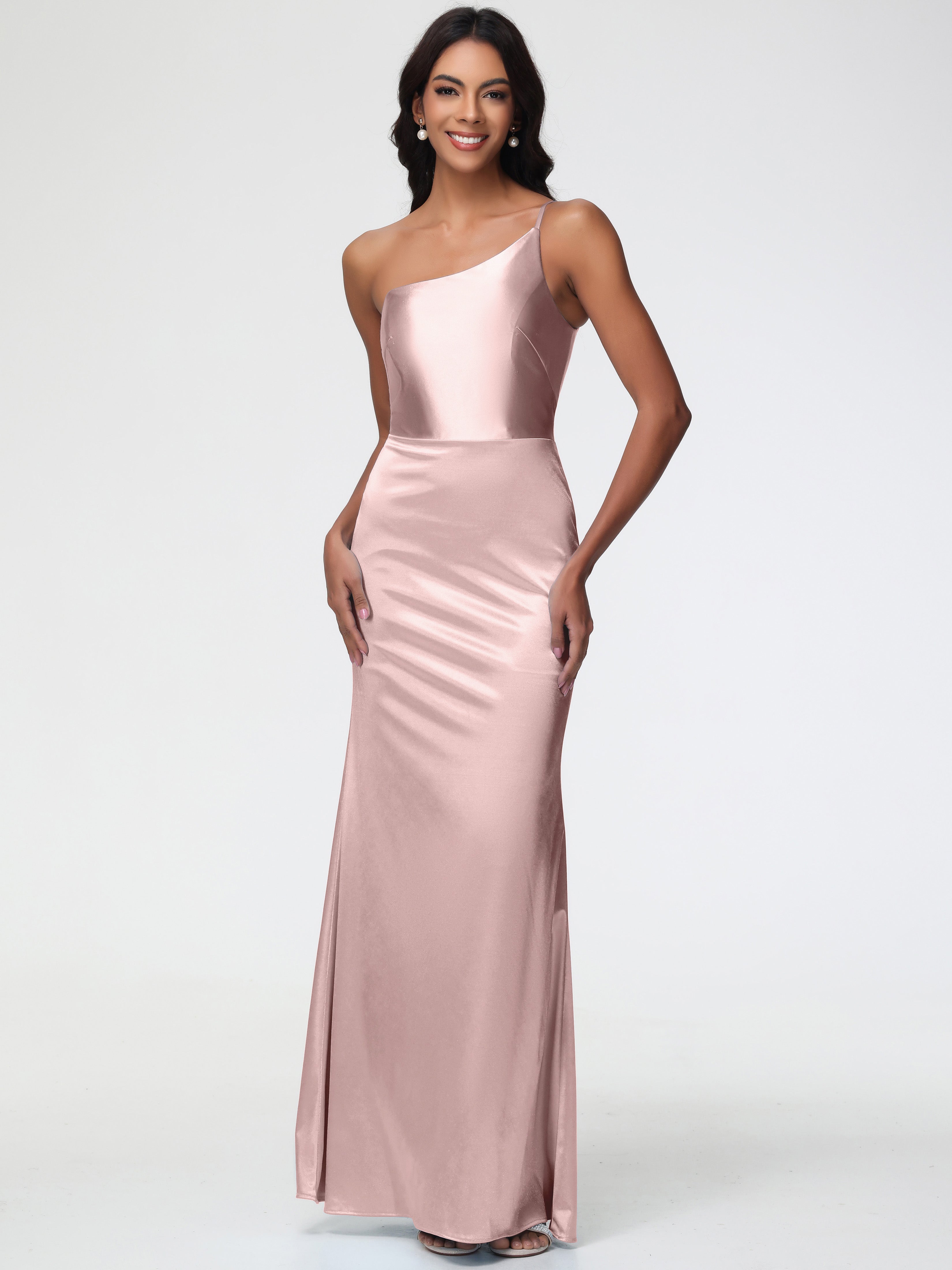 Robe Rose Poudre Demoiselle D Honneur Seule-Épaule Satin Extensible Robe Sirène Demoiselle D Honneur