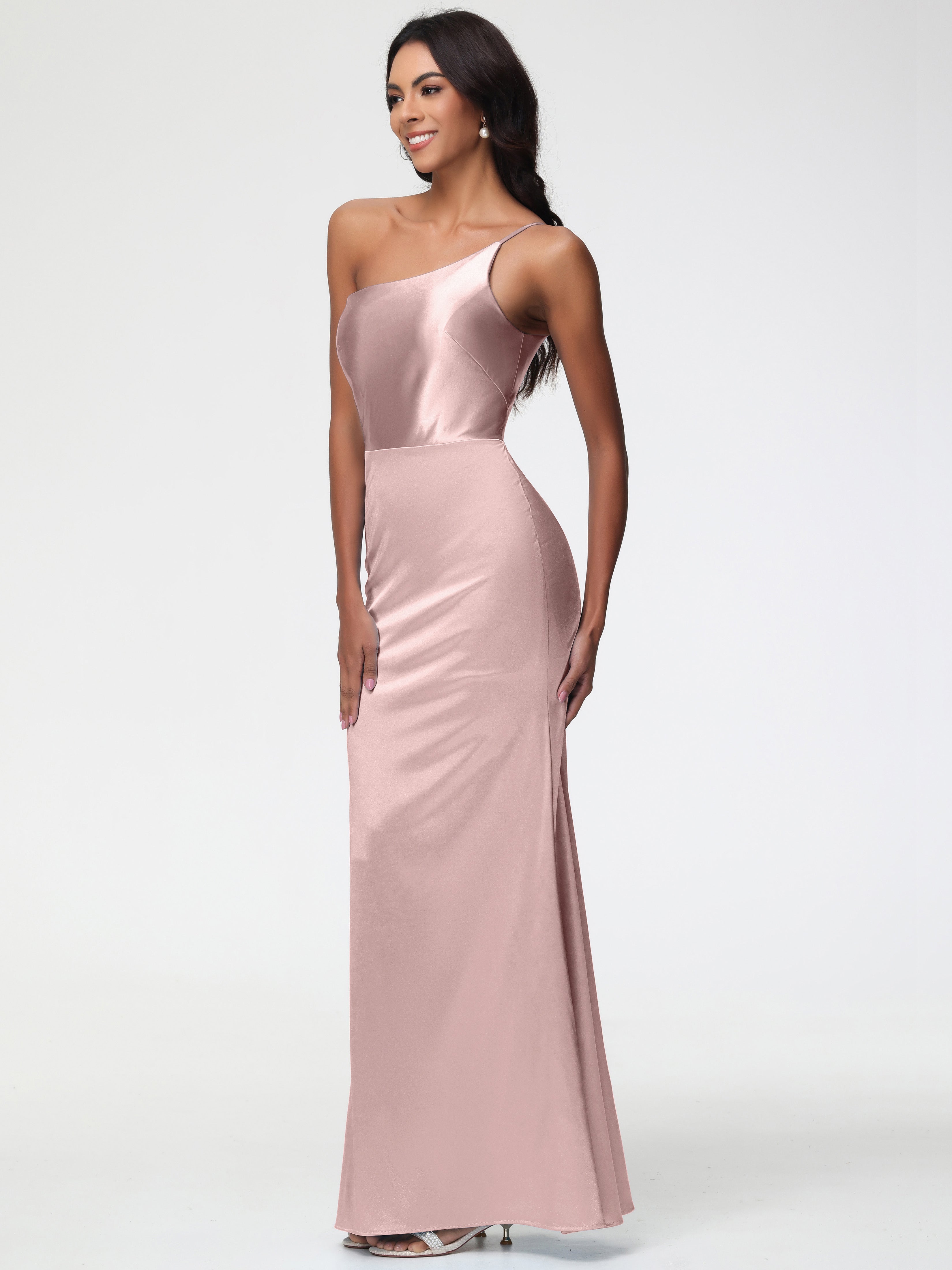 Robe Rose Poudre Demoiselle D Honneur Seule-Épaule Satin Extensible Robe Sirène Demoiselle D Honneur