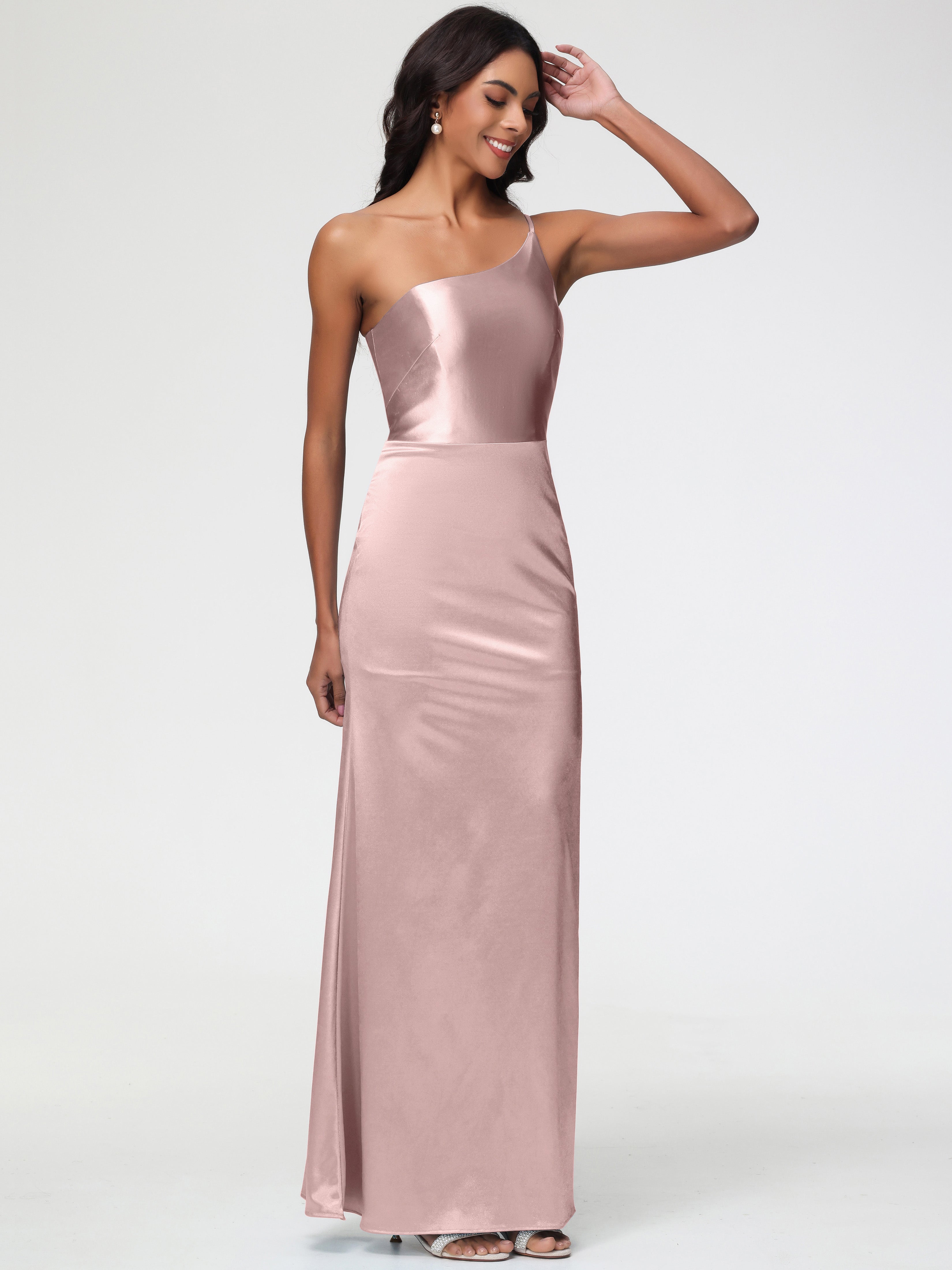 Robe Rose Poudre Demoiselle D Honneur Seule-Épaule Satin Extensible Robe Sirène Demoiselle D Honneur
