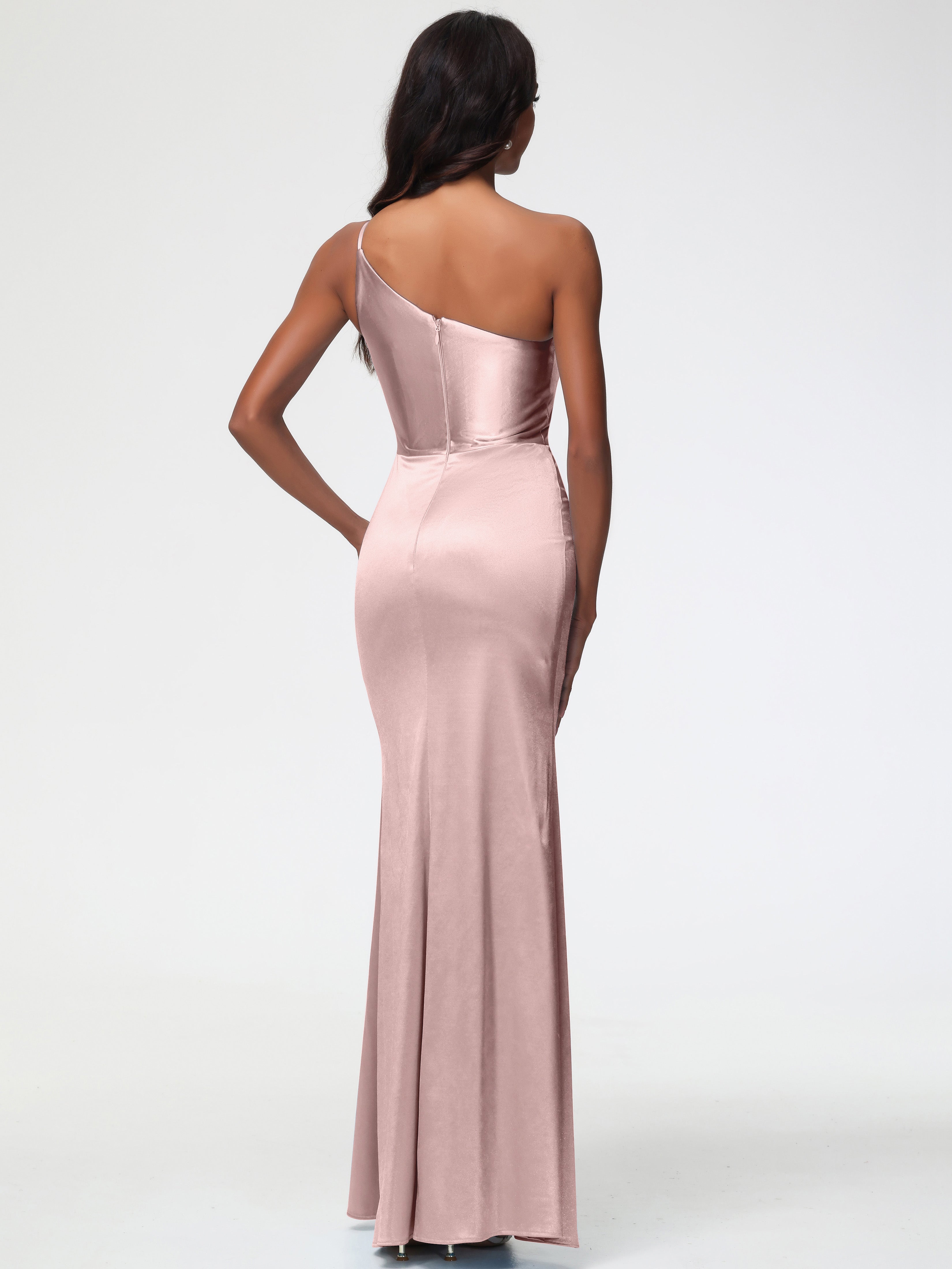 Robe Rose Poudre Demoiselle D Honneur Seule-Épaule Satin Extensible Robe Sirène Demoiselle D Honneur