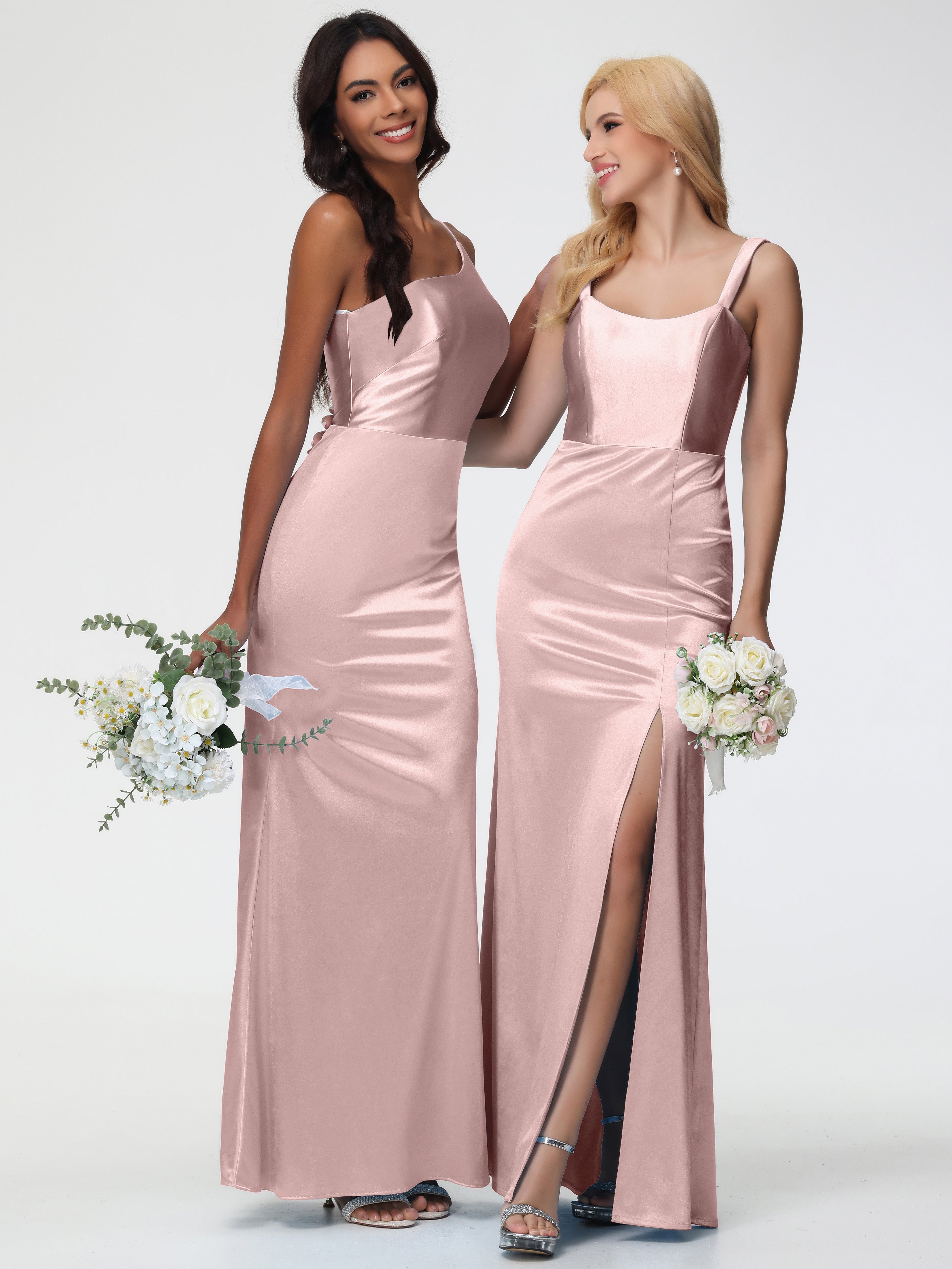 Robe Rose Poudre Demoiselle D Honneur Seule-Épaule Satin Extensible Robe Sirène Demoiselle D Honneur