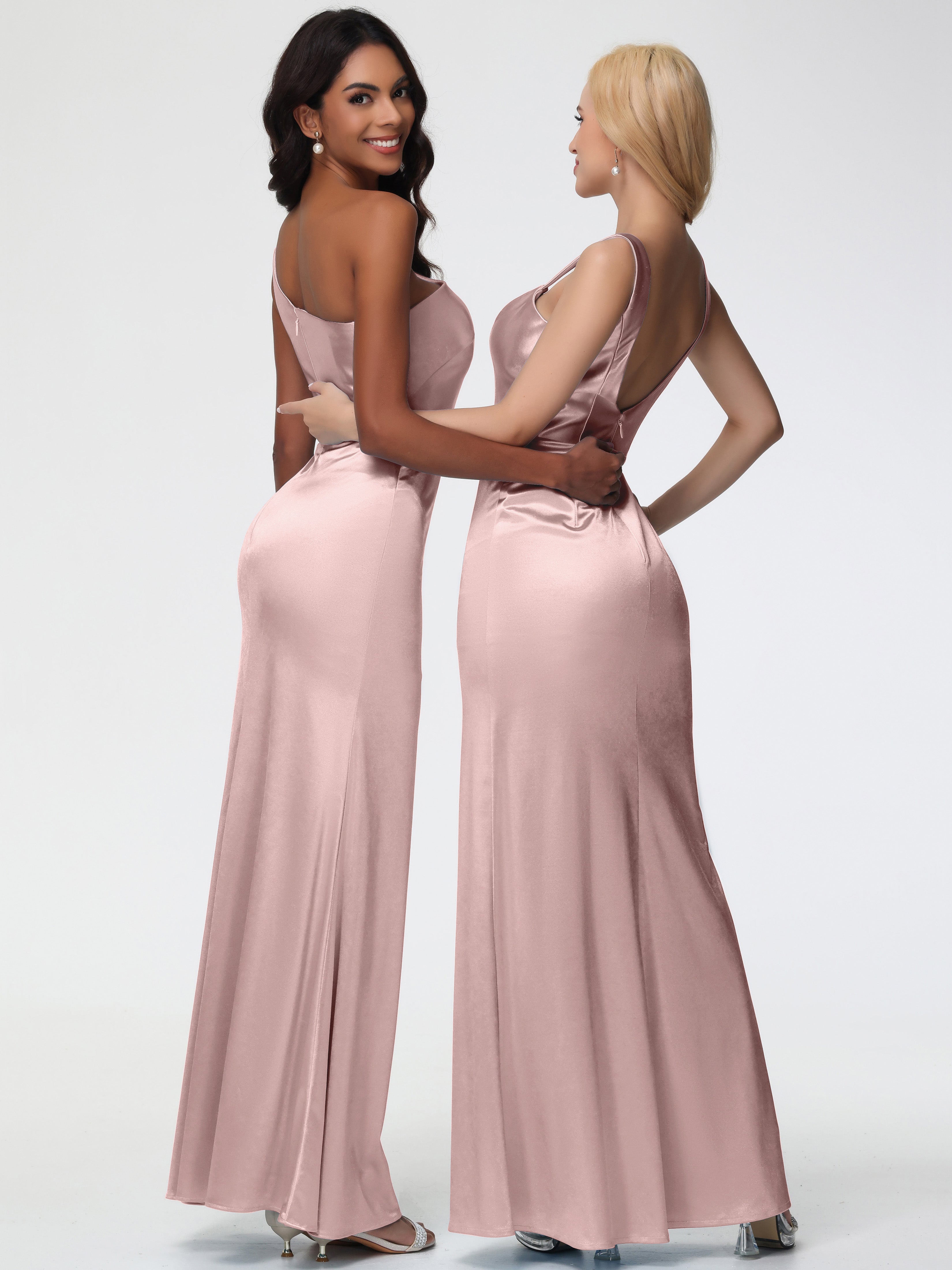 Robe Rose Poudre Demoiselle D Honneur Seule-Épaule Satin Extensible Robe Sirène Demoiselle D Honneur