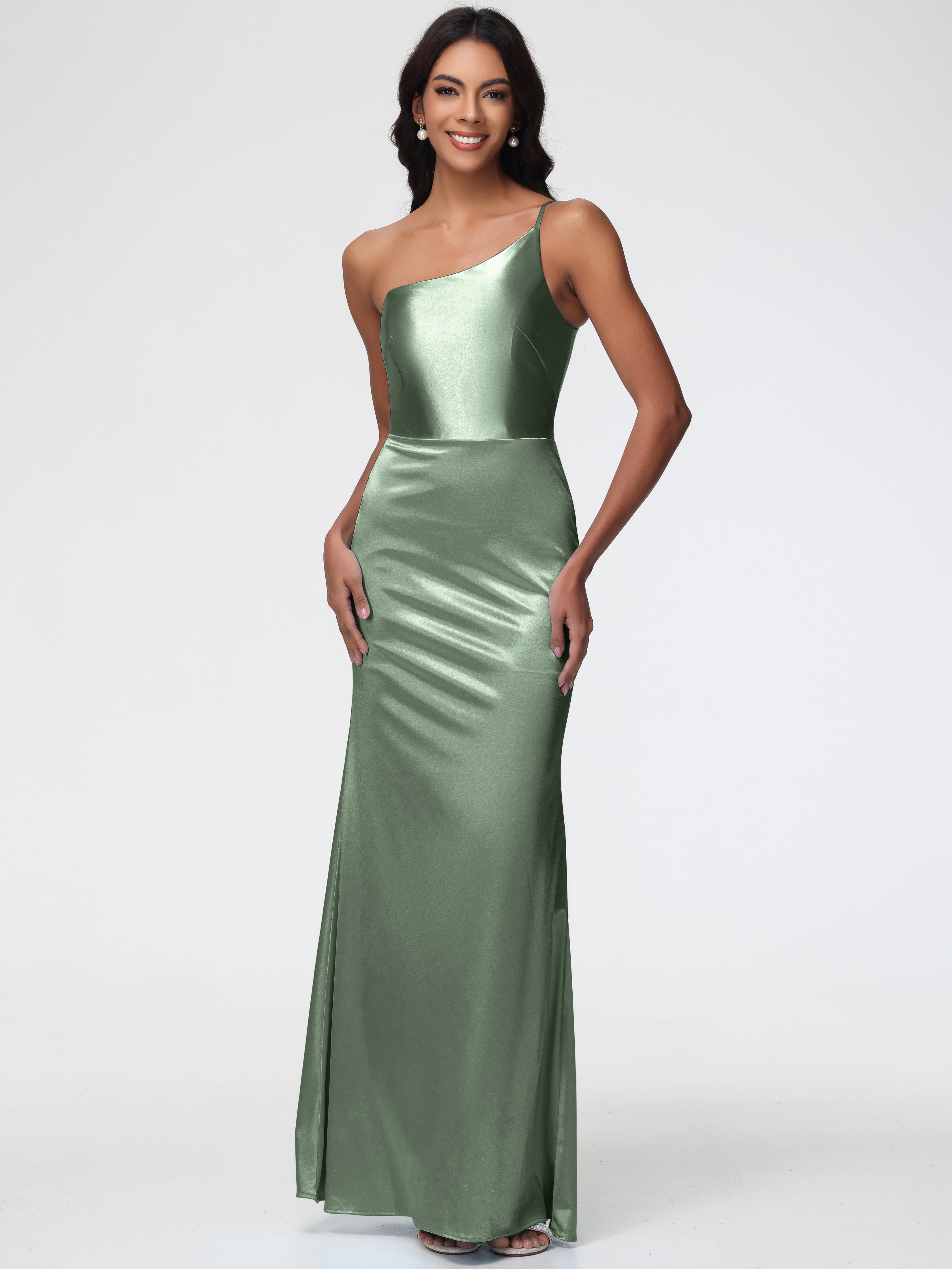 Robes Pour Demoiselles D Honneur Robe Vert Sauge Seule-Épaule Satin Extensible Robe Sirène Demoiselle D Honneur
