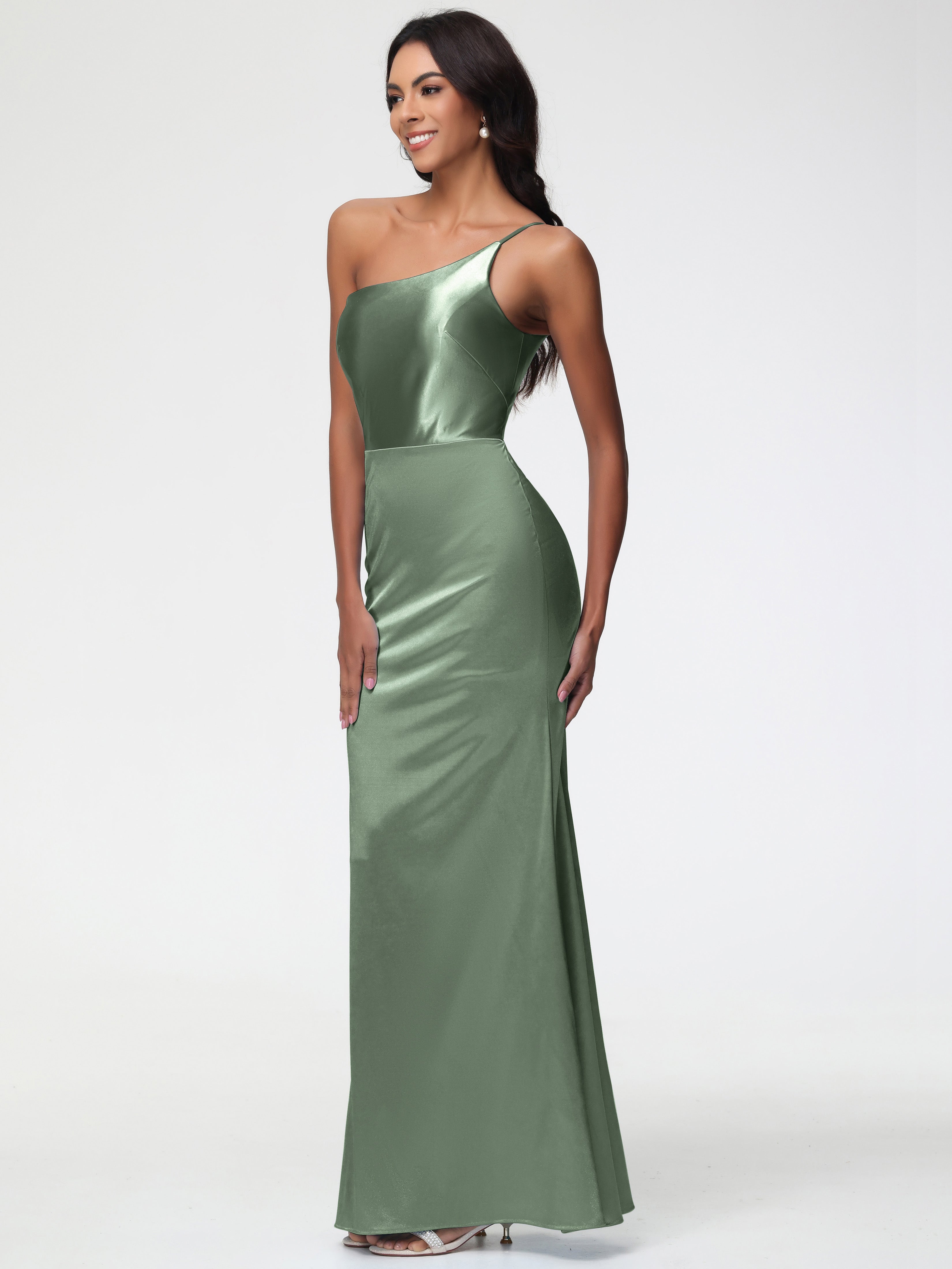 Robes Pour Demoiselles D Honneur Robe Vert Sauge Seule-Épaule Satin Extensible Robe Sirène Demoiselle D Honneur