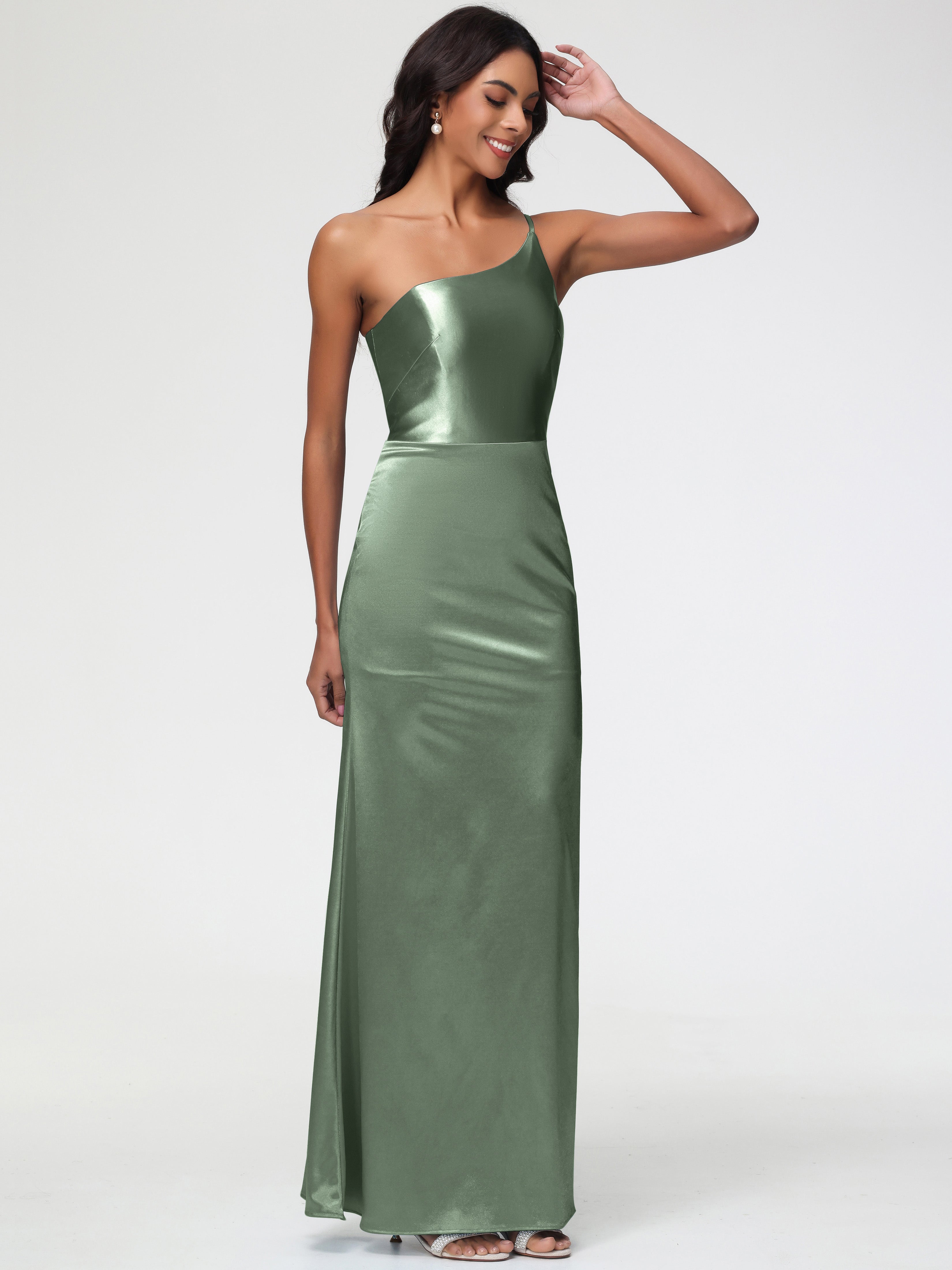 Robes Pour Demoiselles D Honneur Robe Vert Sauge Seule-Épaule Satin Extensible Robe Sirène Demoiselle D Honneur